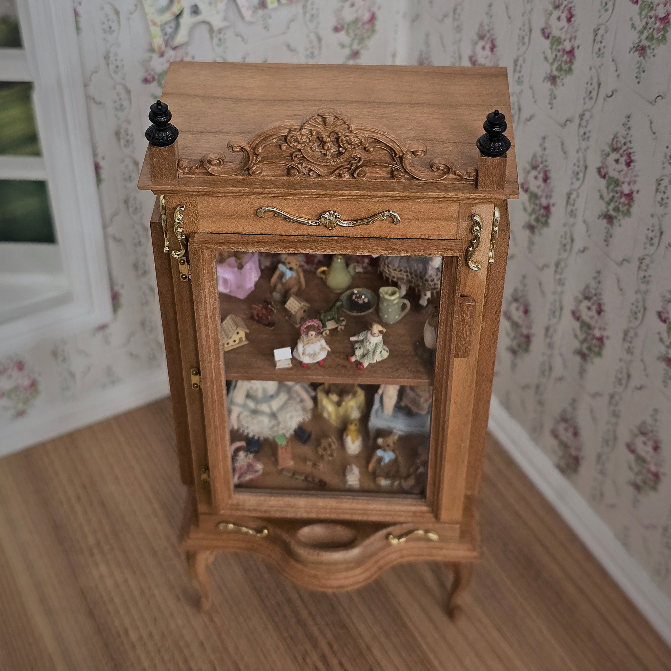 Spanish Curio Cabinet Diorama with Dolls and Toys Dollhouse Miniature