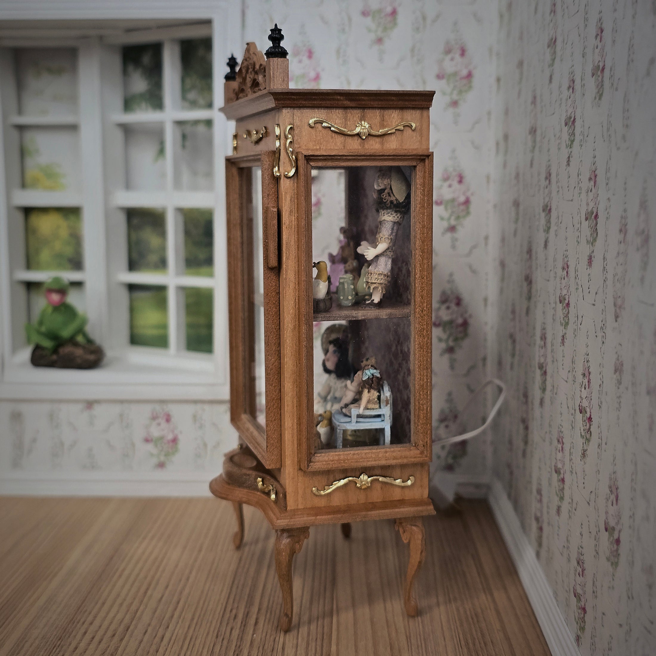 Spanish Curio Cabinet Diorama with Dolls and Toys Dollhouse Miniature