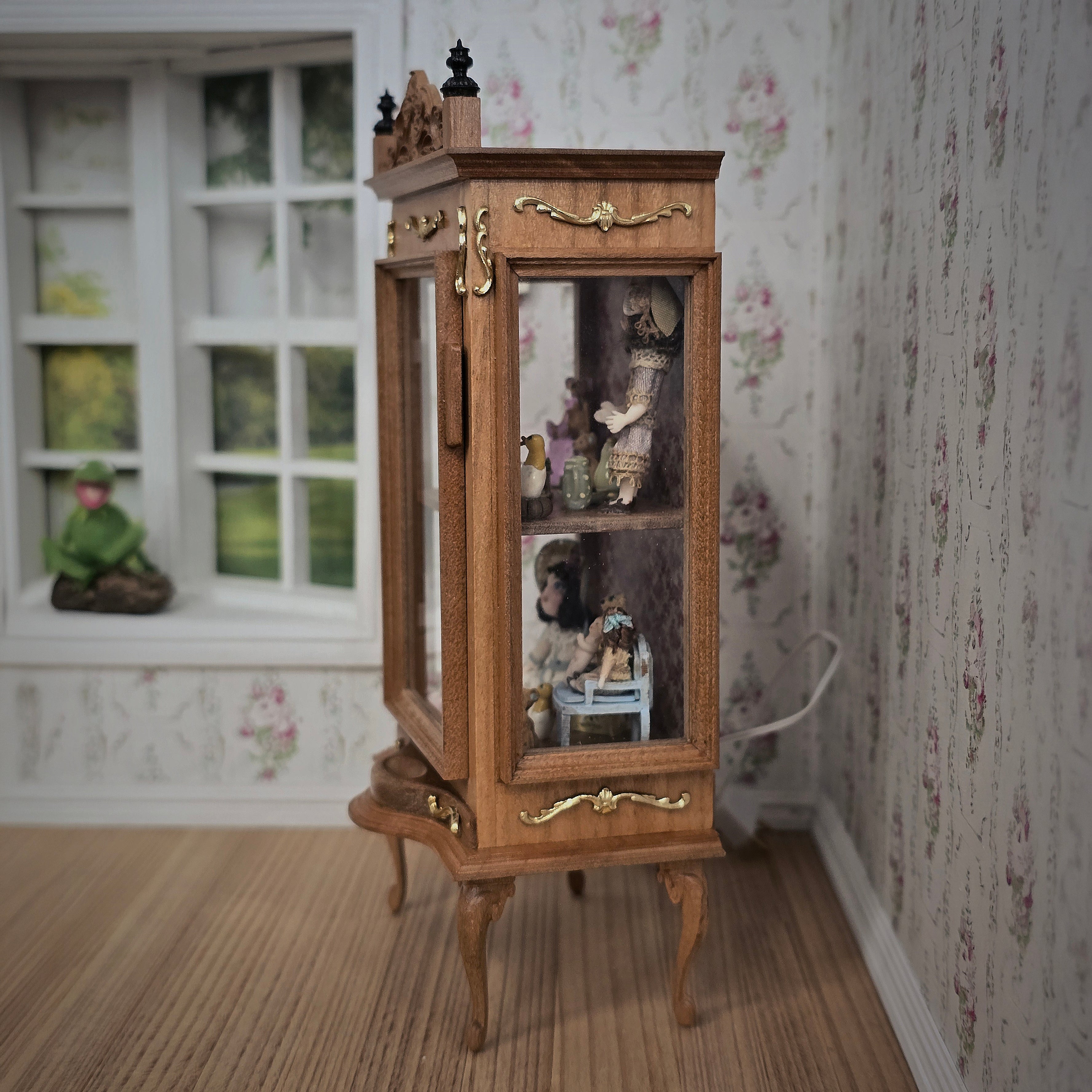 Spanish Curio Cabinet Diorama with Dolls and Toys Dollhouse Miniature