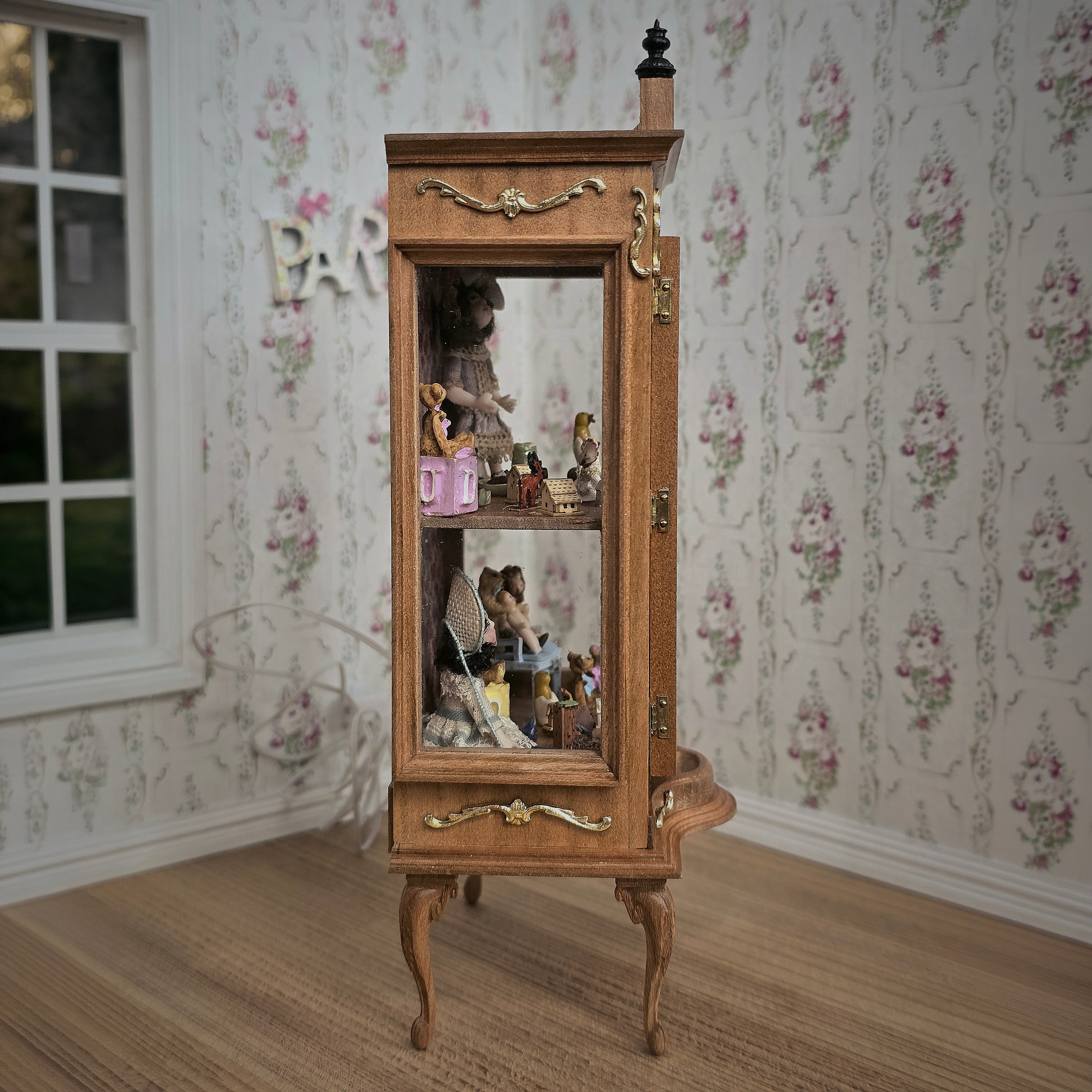 Spanish Curio Cabinet Diorama with Dolls and Toys Dollhouse Miniature