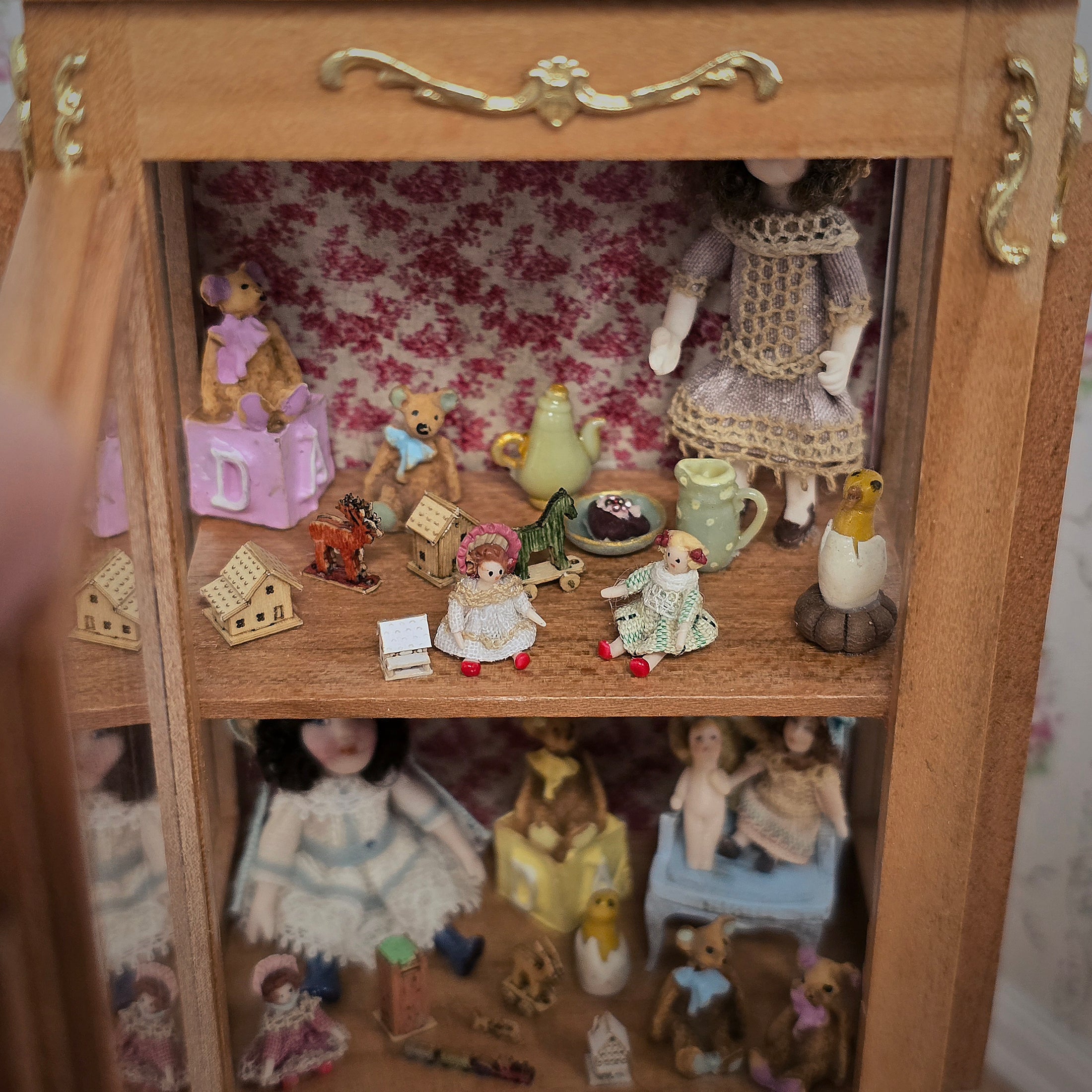 Spanish Curio Cabinet Diorama with Dolls and Toys Dollhouse Miniature