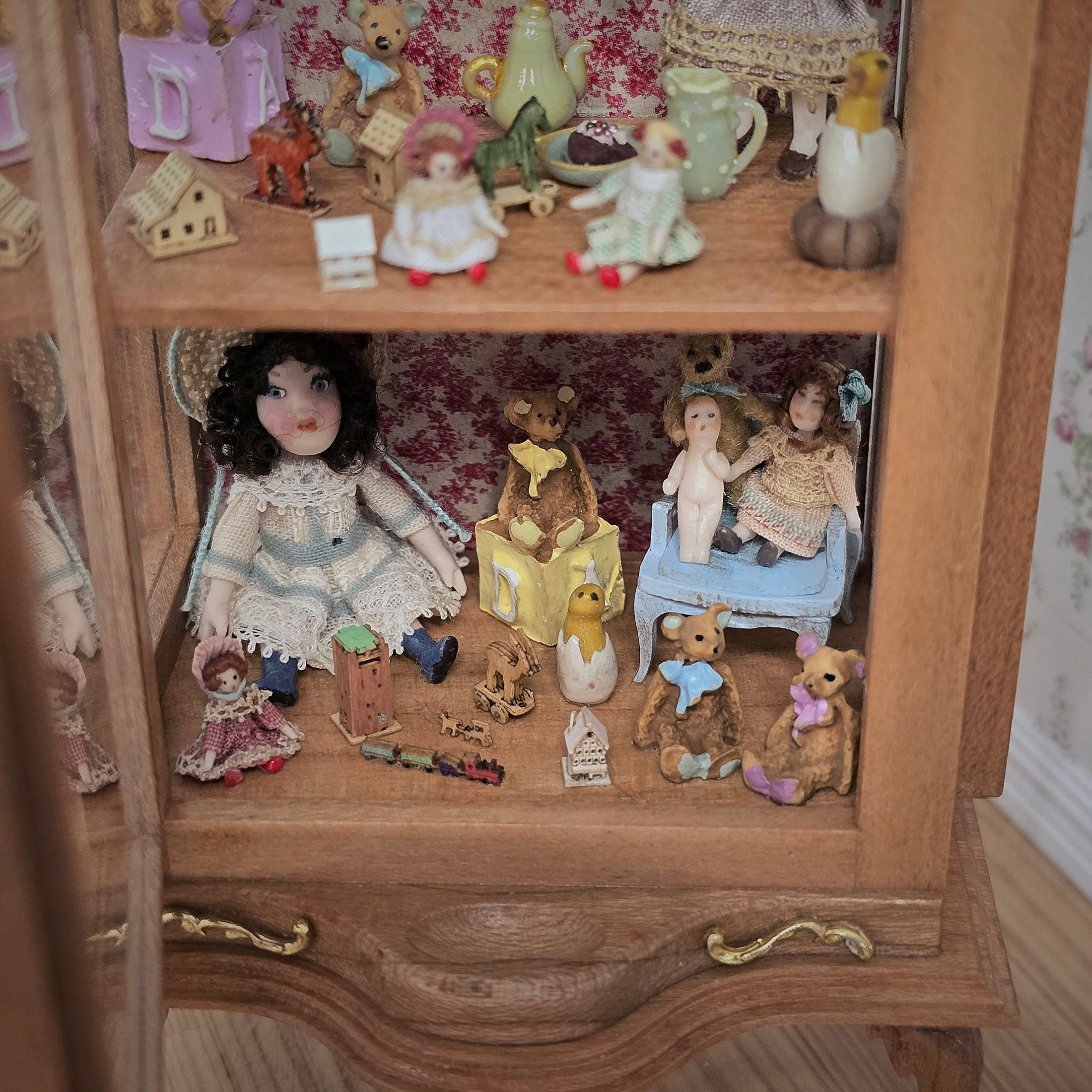 Spanish Curio Cabinet Diorama with Dolls and Toys Dollhouse Miniature