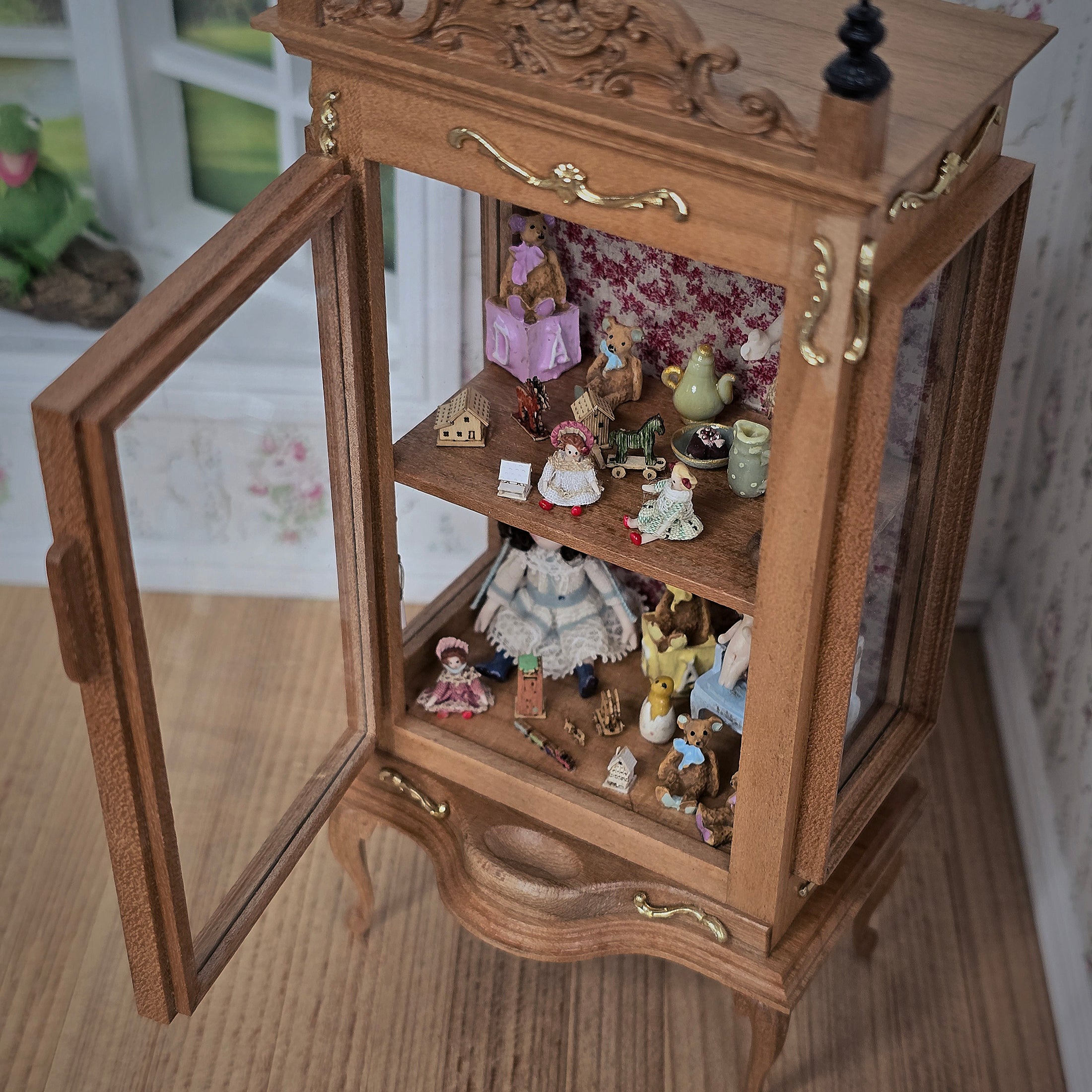 Spanish Curio Cabinet Diorama with Dolls and Toys Dollhouse Miniature