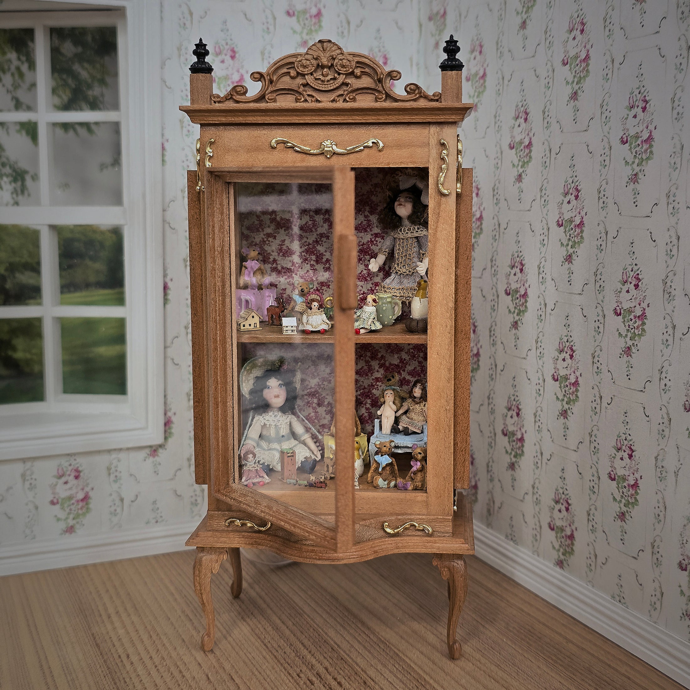 Spanish Curio Cabinet Diorama with Dolls and Toys Dollhouse Miniature