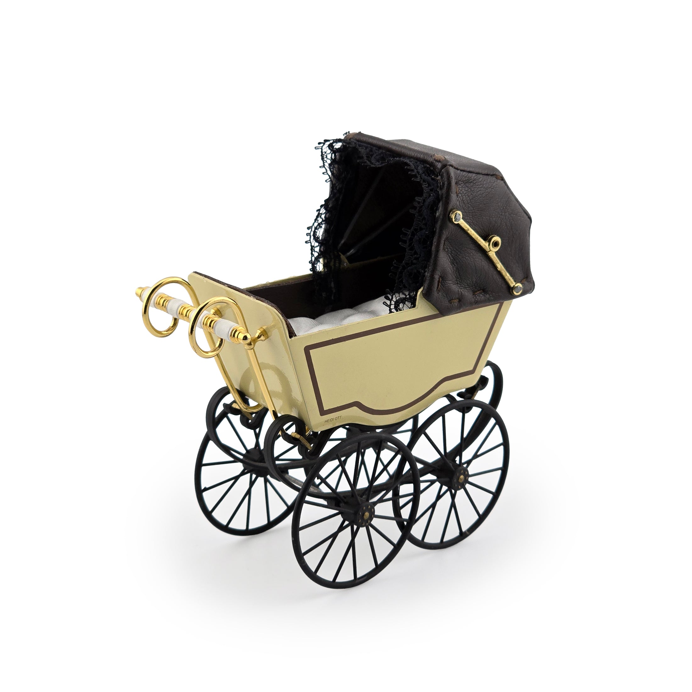 Heidi Ott Miniature Brass & Leather Baby Pram Victorian Dollhouse Carriage
