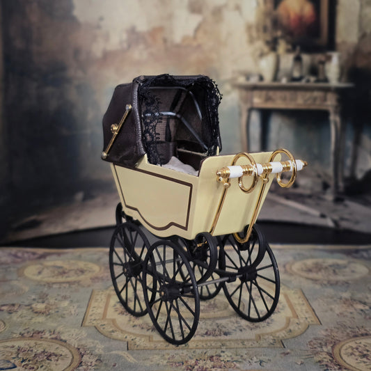 Heidi Ott Miniature Brass & Leather Baby Pram Victorian Dollhouse Carriage