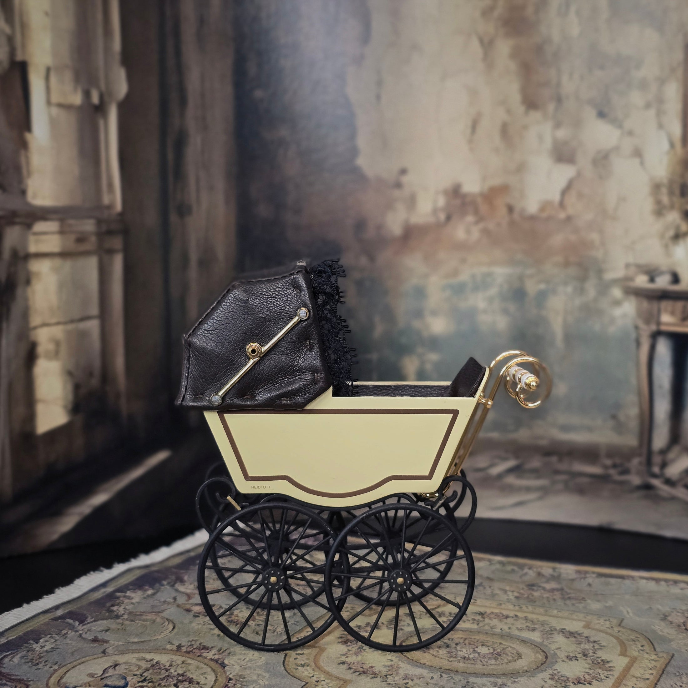 Heidi Ott Miniature Brass & Leather Baby Pram Victorian Dollhouse Carriage