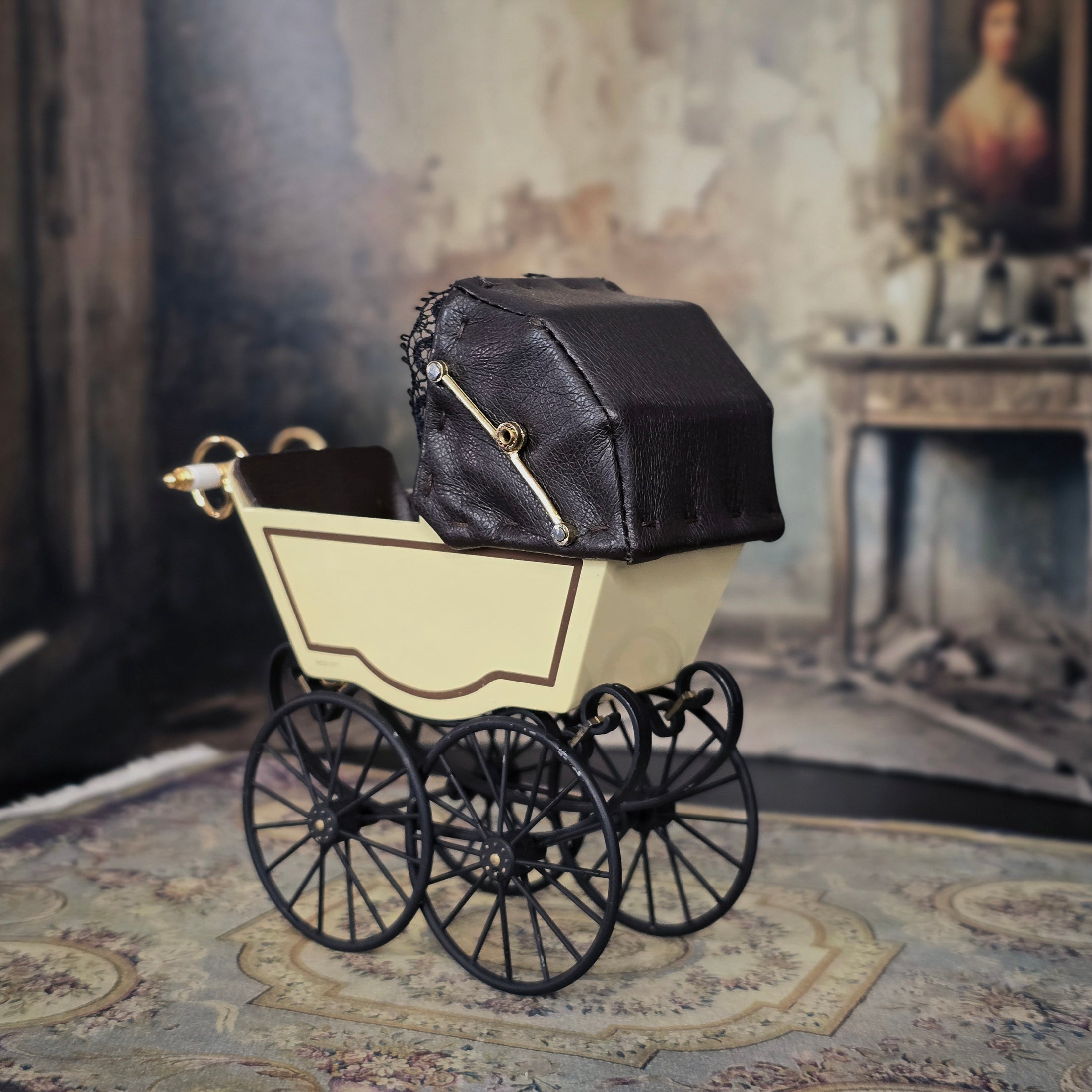 Heidi Ott Miniature Brass & Leather Baby Pram Victorian Dollhouse Carriage
