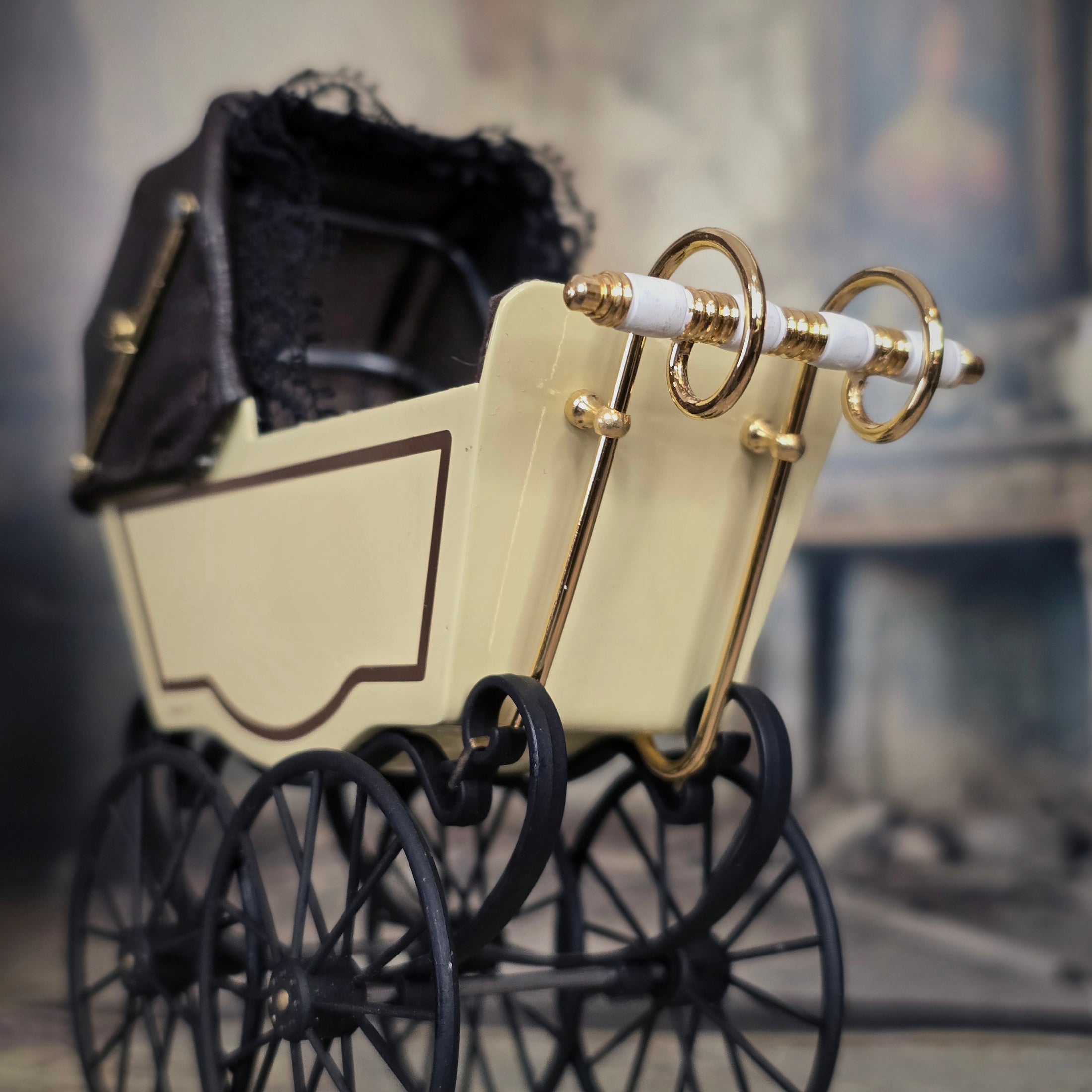 Heidi Ott Miniature Brass & Leather Baby Pram Victorian Dollhouse Carriage