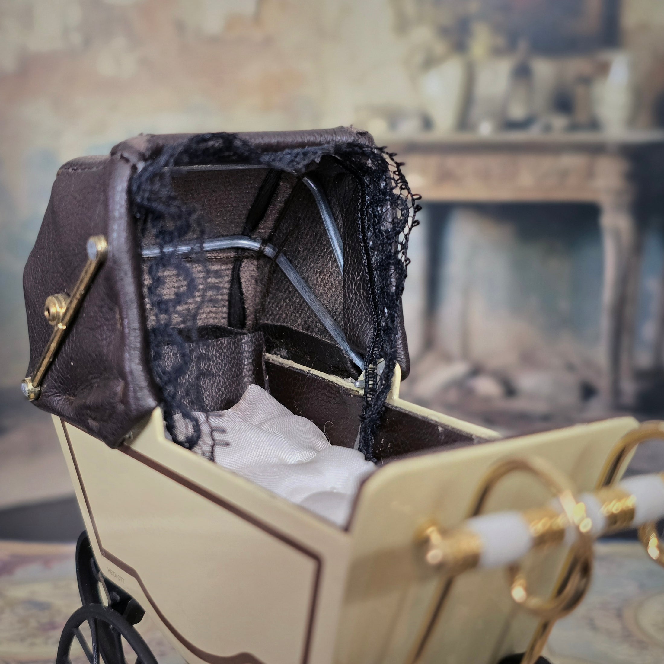Heidi Ott Miniature Brass & Leather Baby Pram Victorian Dollhouse Carriage