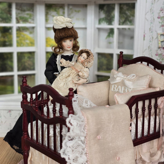 Victorian Miniature Porcelain Baby Girl Doll in Lace and Silk Gown