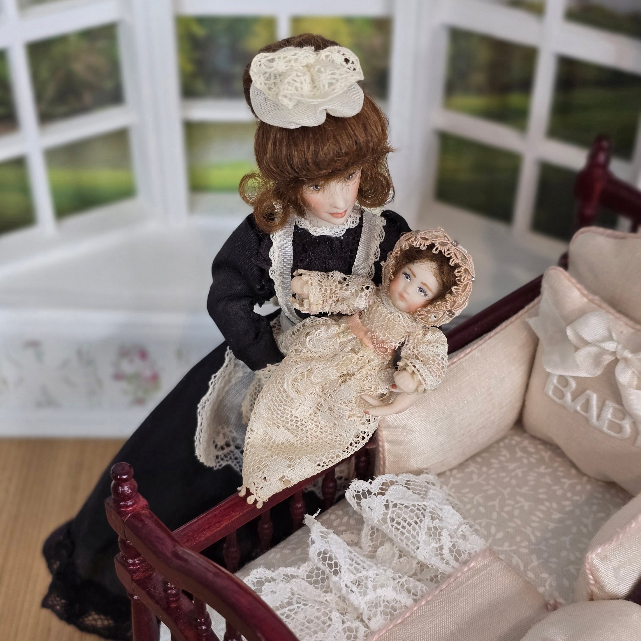 Victorian Miniature Porcelain Baby Girl Doll in Lace and Silk Gown