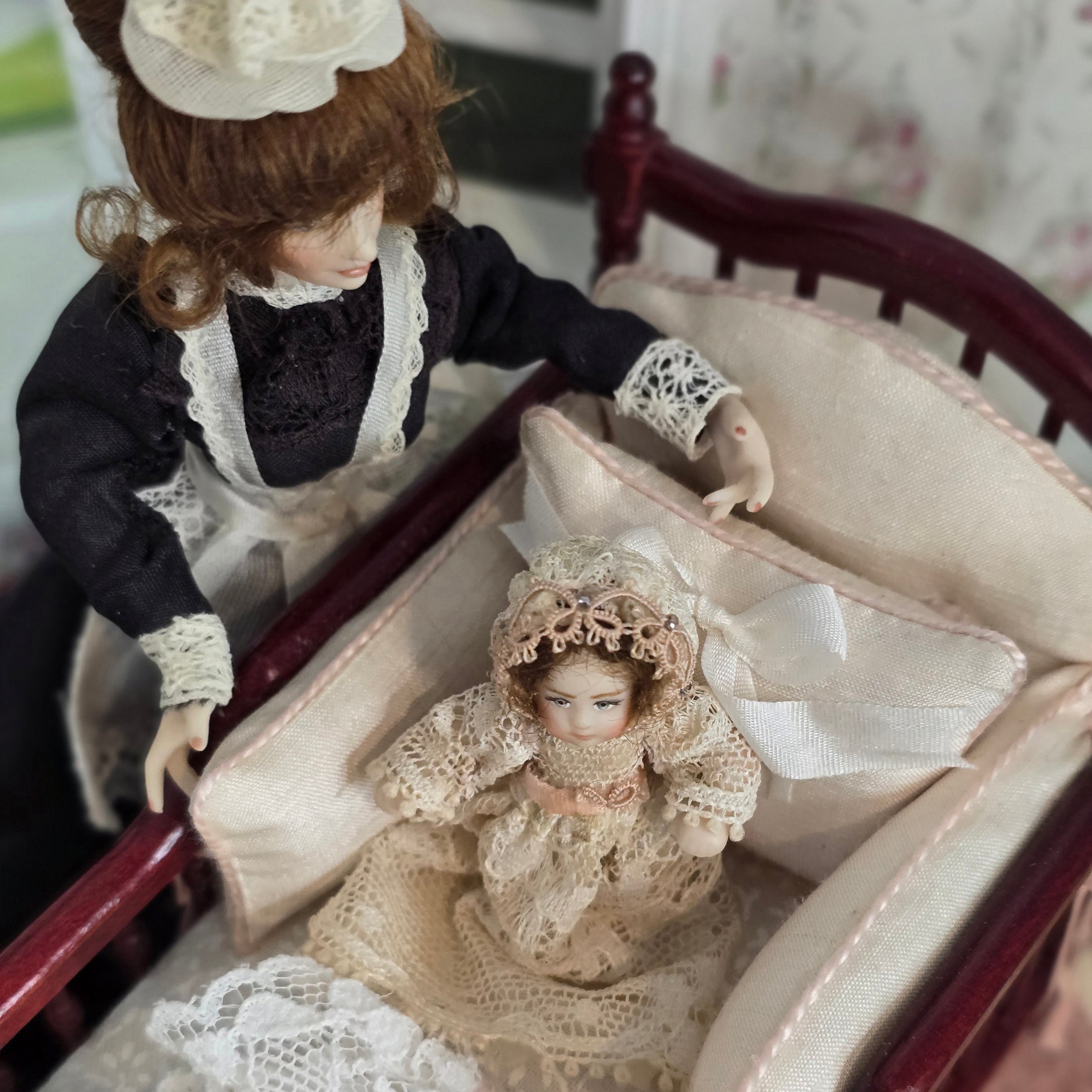 Victorian Miniature Porcelain Baby Girl Doll in Lace and Silk Gown