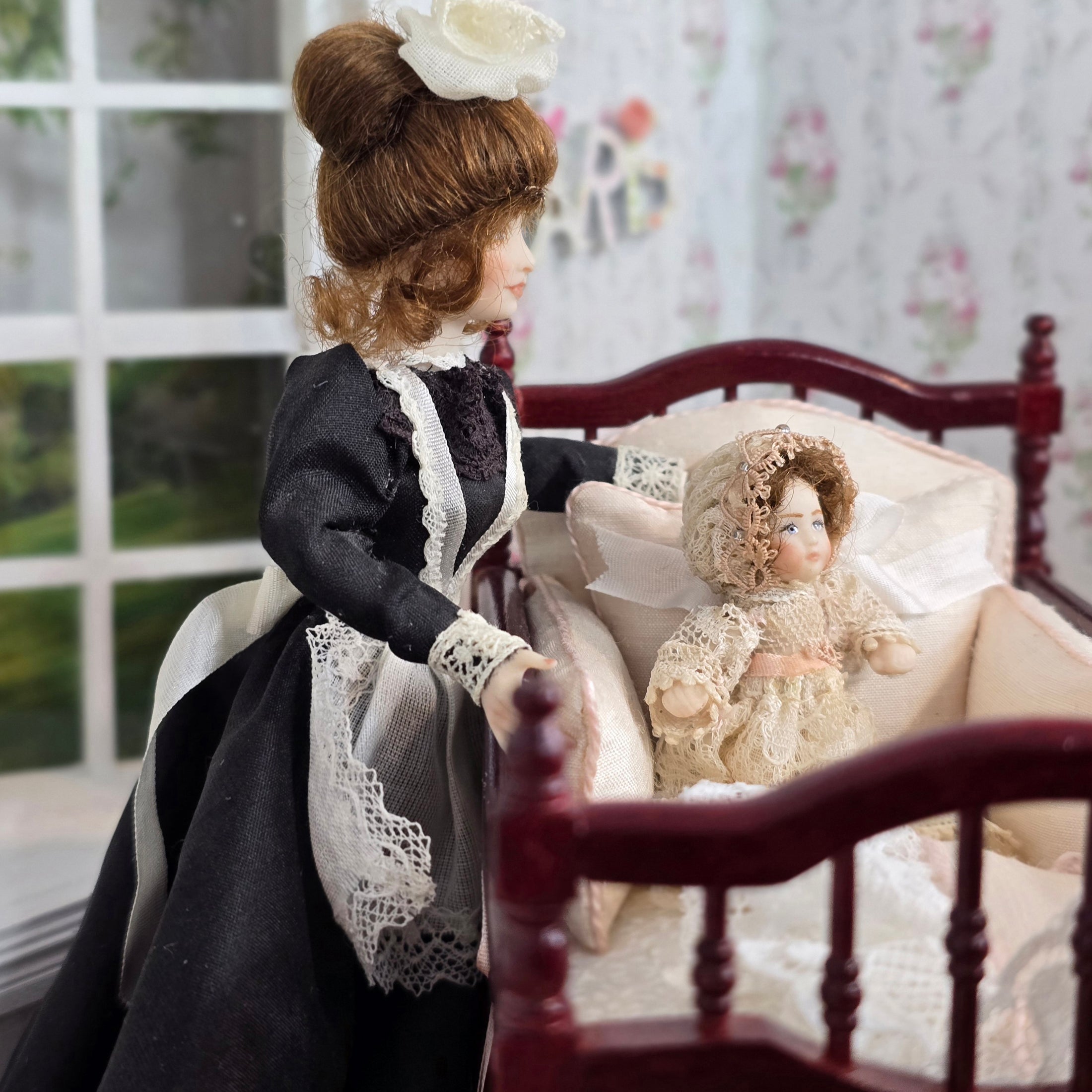 Victorian Miniature Porcelain Baby Girl Doll in Lace and Silk Gown