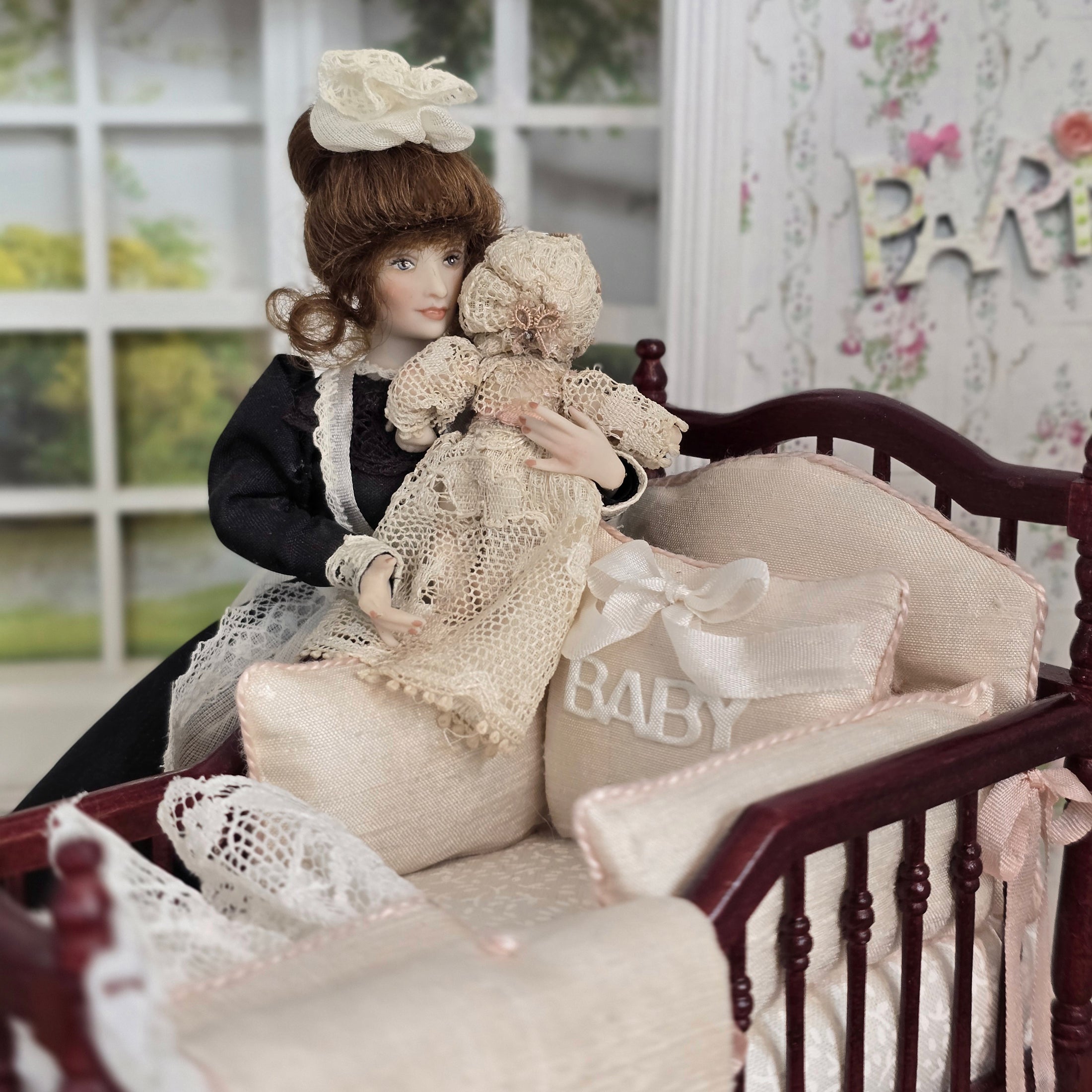 Victorian Miniature Porcelain Baby Girl Doll in Lace and Silk Gown