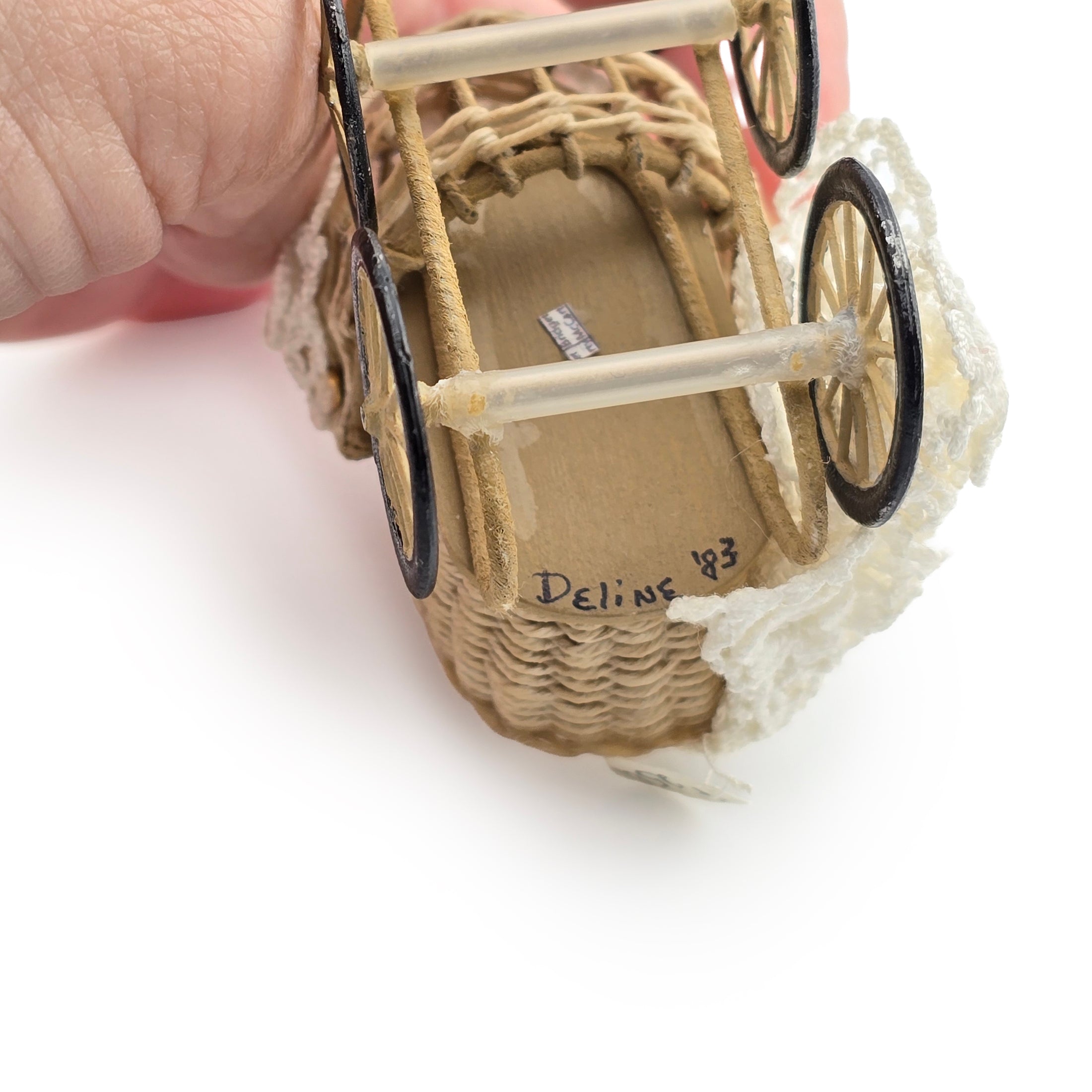 Signed Wicker Baby Pram with Porcelain Infant Doll and Cat by Bridget McCarty