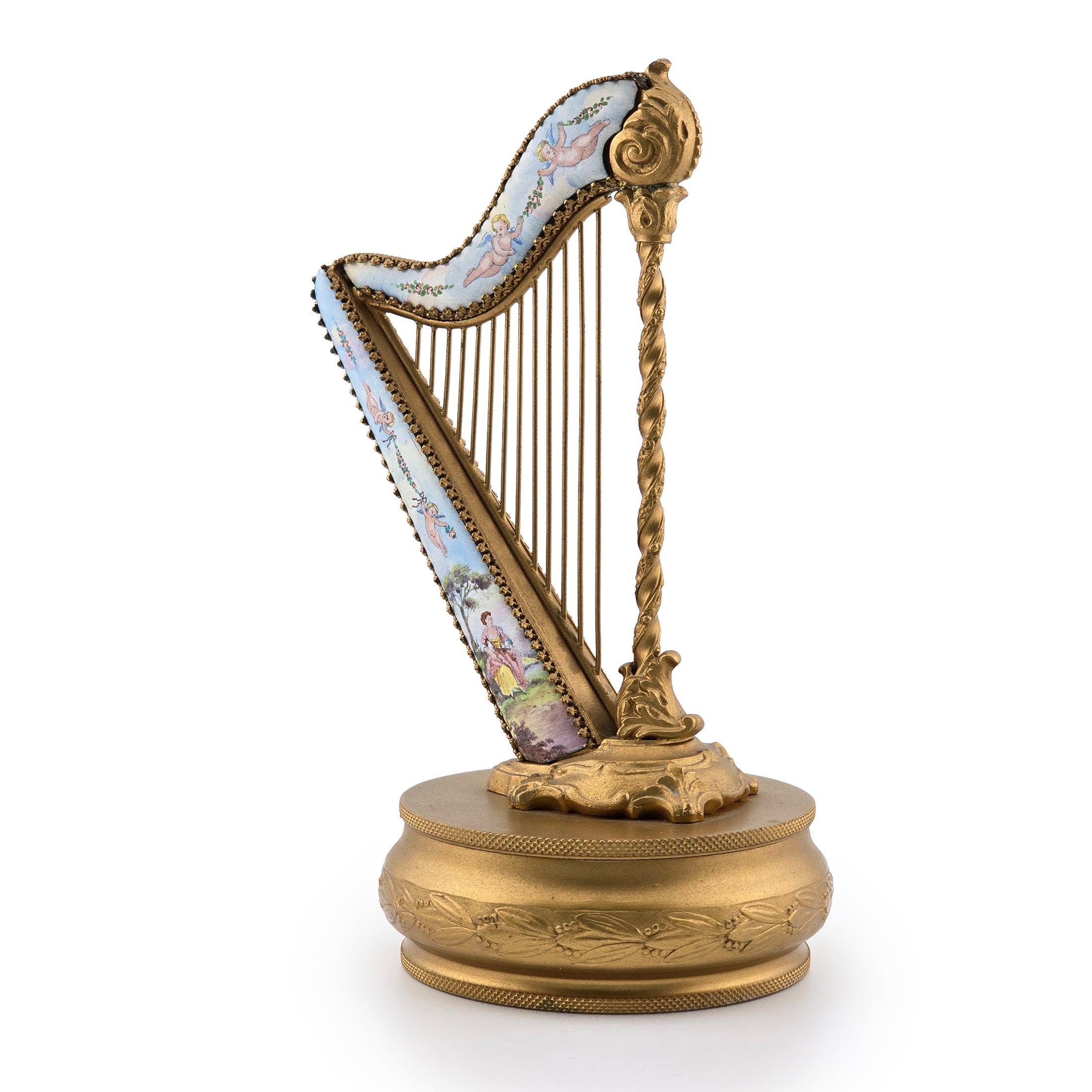 Antique Viennese Enamel & Gilt Bronze Miniature Harp Trinket Box, Austria