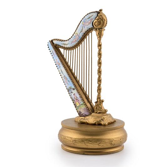 Antique Viennese Enamel & Gilt Bronze Miniature Harp Trinket Box, Austria