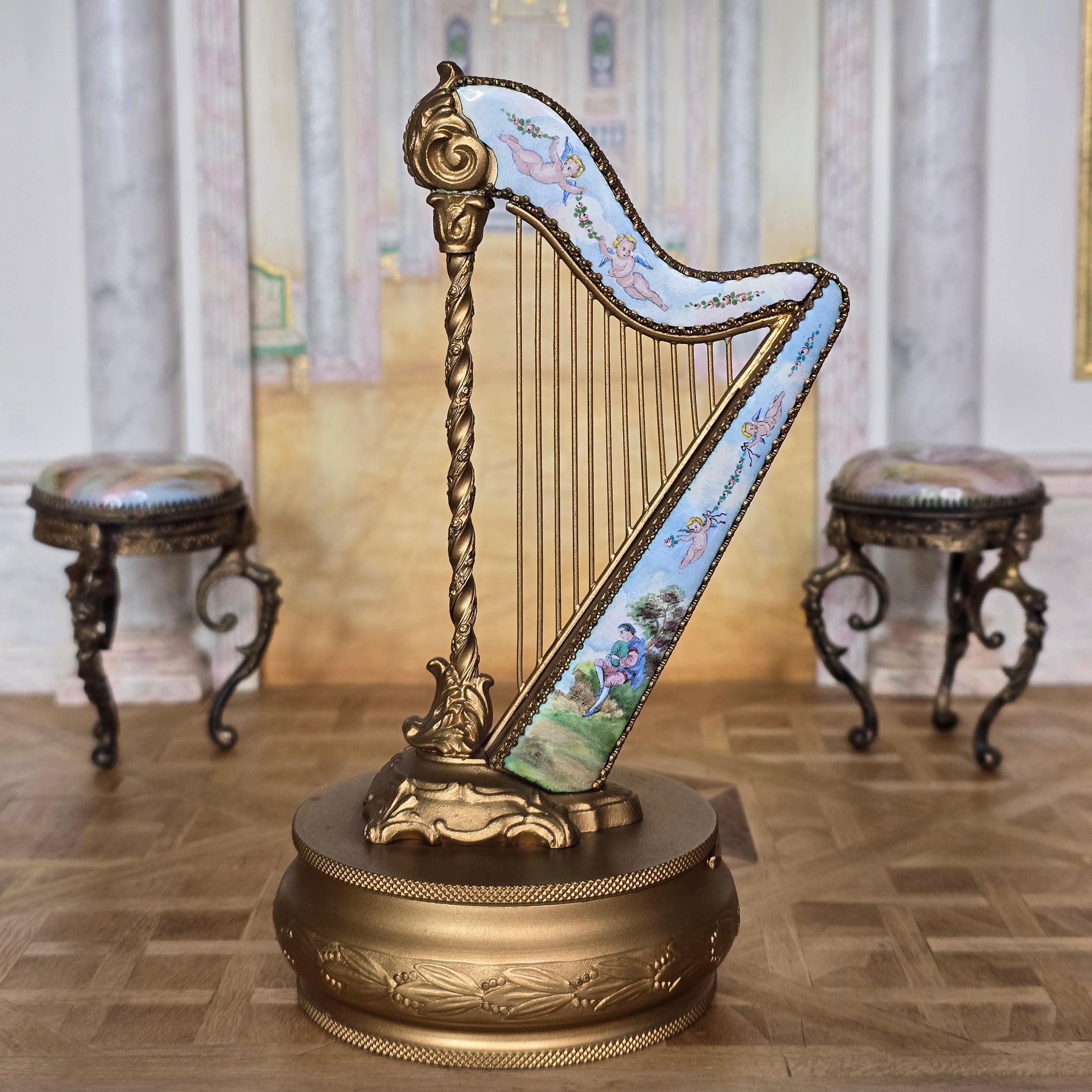 Antique Viennese Enamel & Gilt Bronze Miniature Harp Trinket Box, Austria
