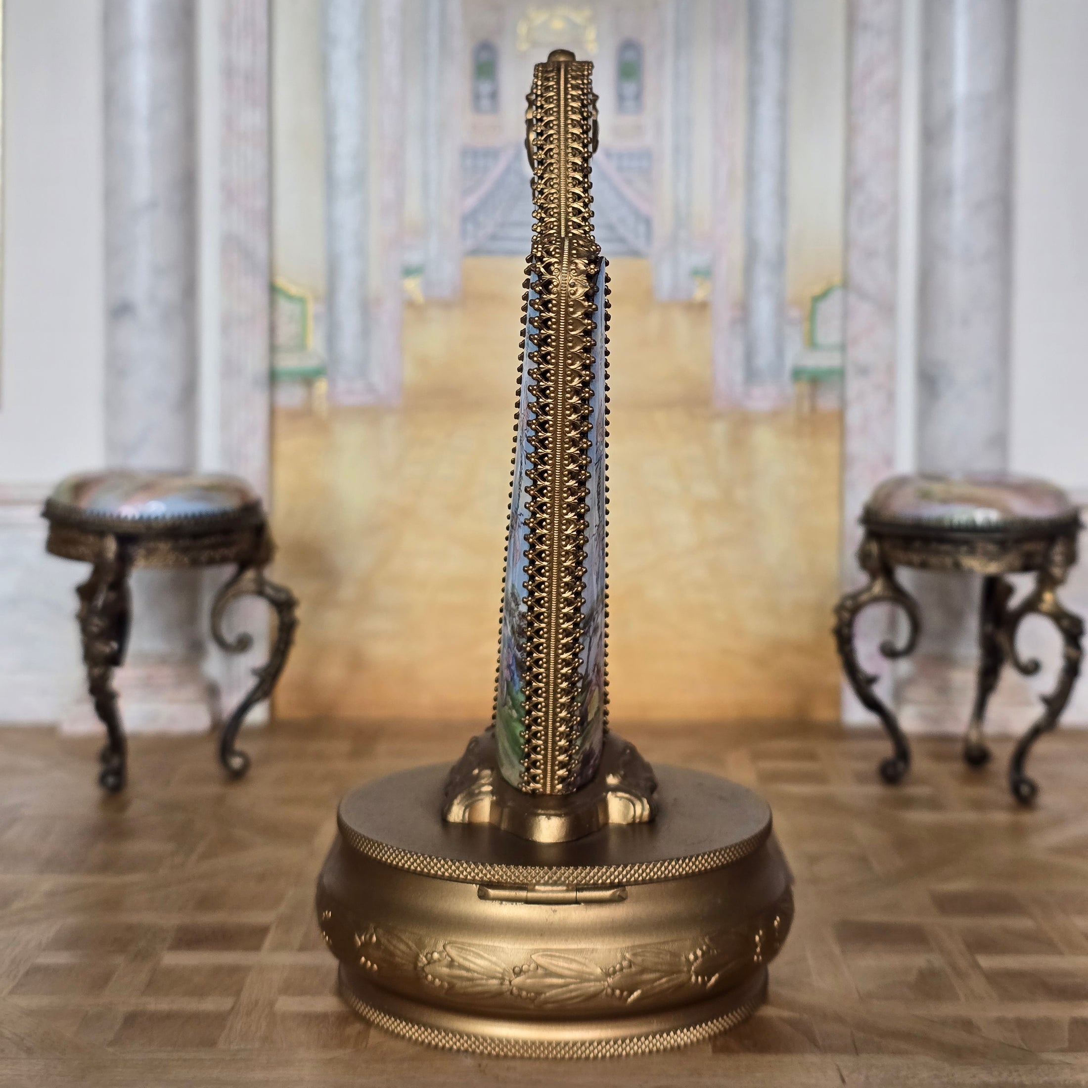Antique Viennese Enamel & Gilt Bronze Miniature Harp Trinket Box, Austria