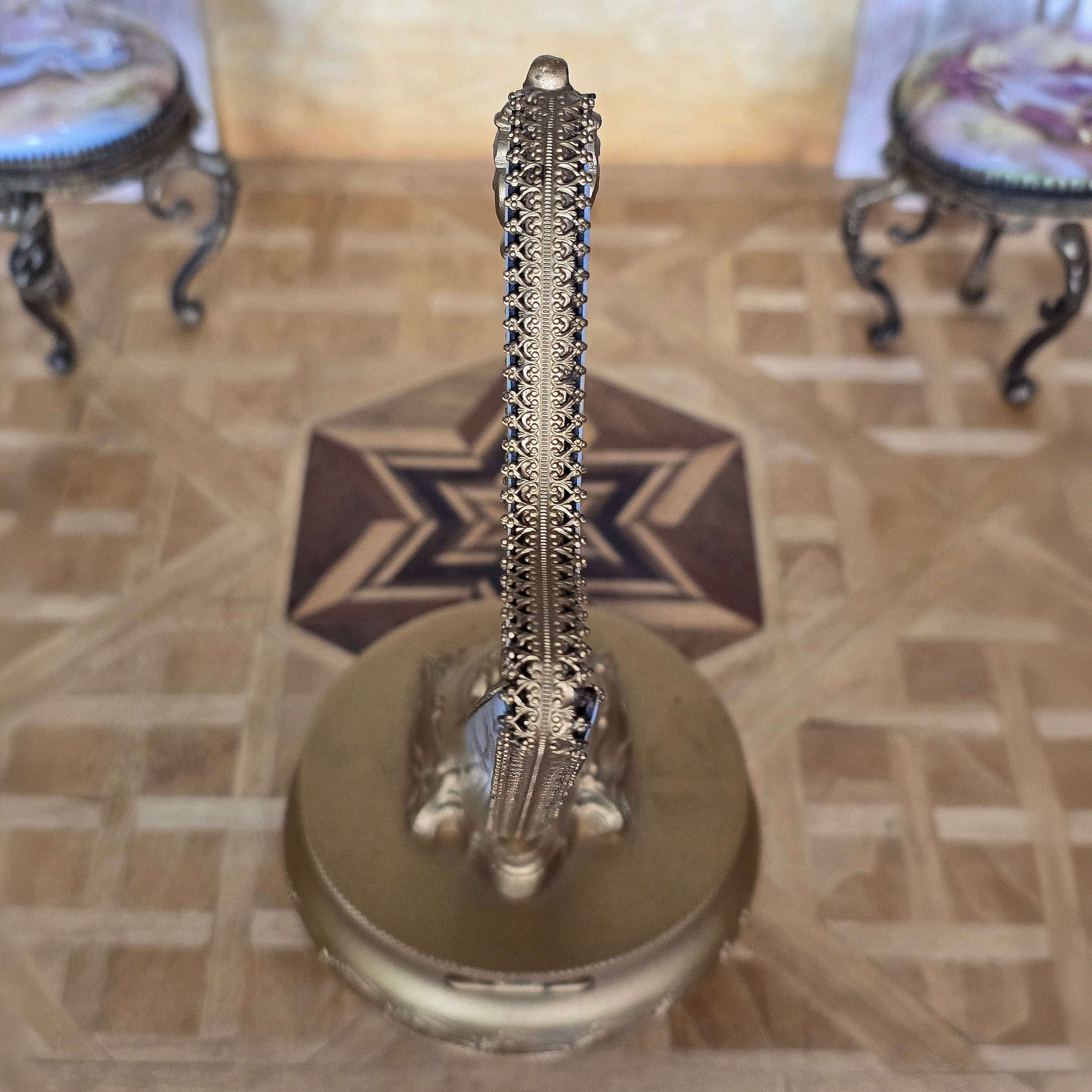 Antique Viennese Enamel & Gilt Bronze Miniature Harp Trinket Box, Austria