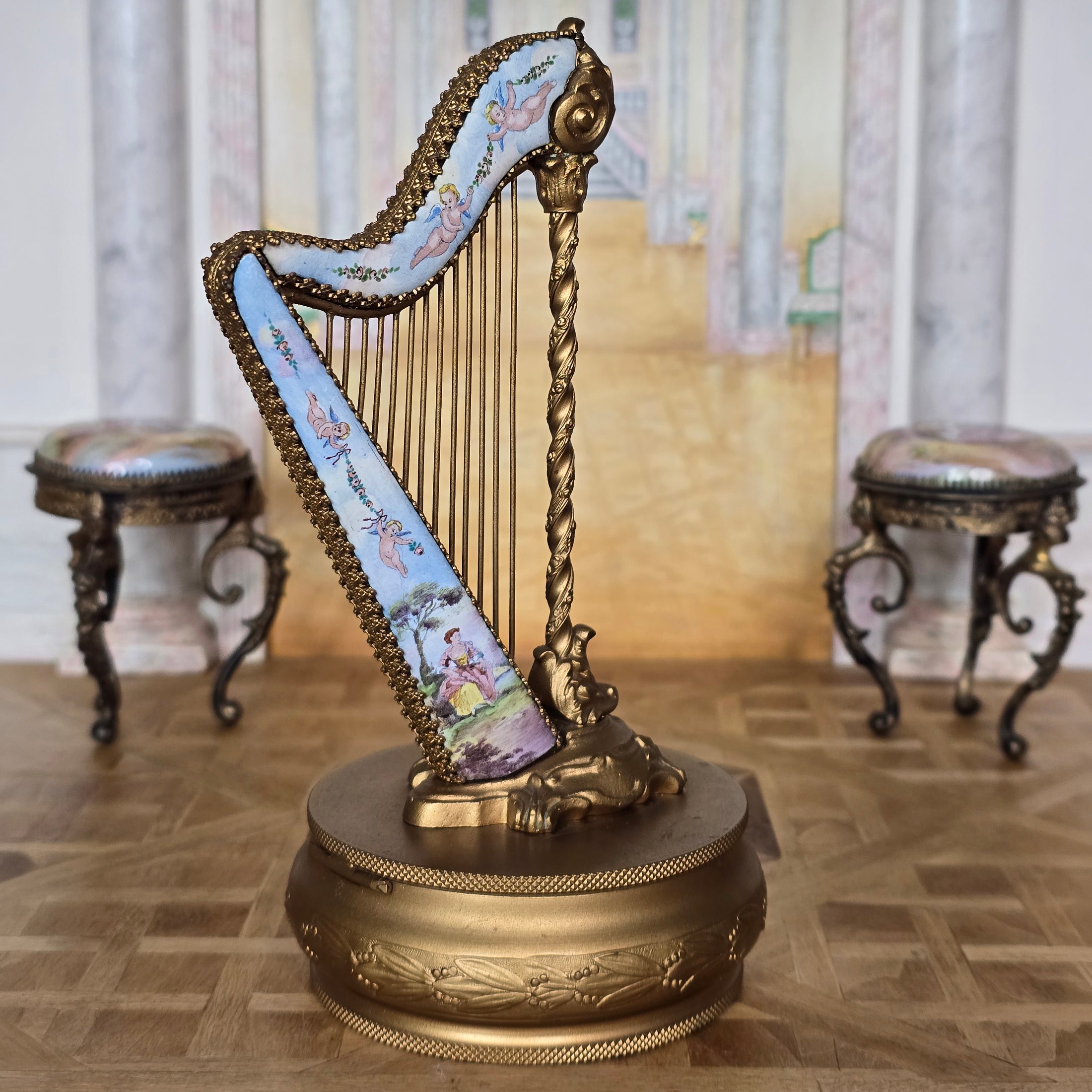 Antique Viennese Enamel & Gilt Bronze Miniature Harp Trinket Box, Austria