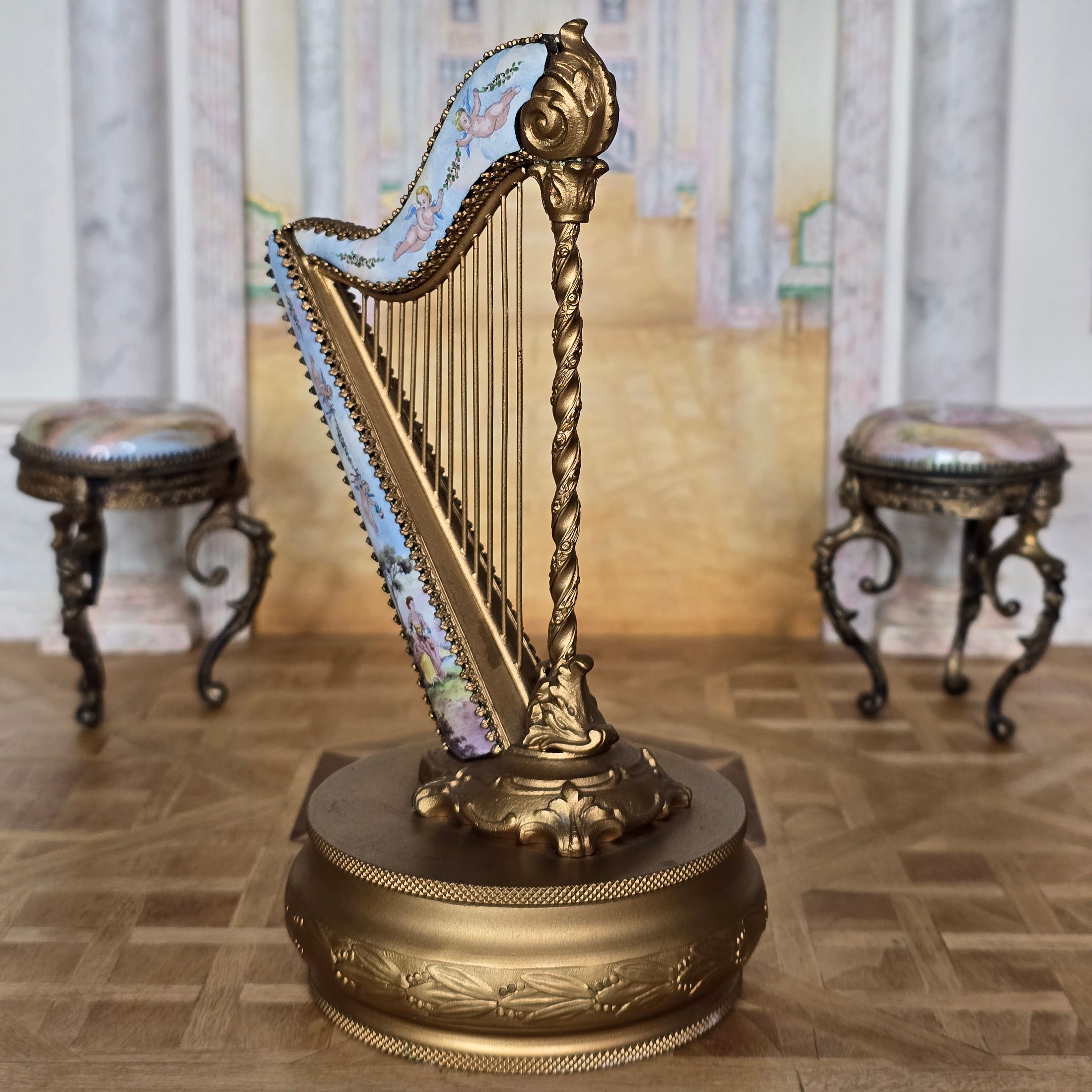 Antique Viennese Enamel & Gilt Bronze Miniature Harp Trinket Box, Austria