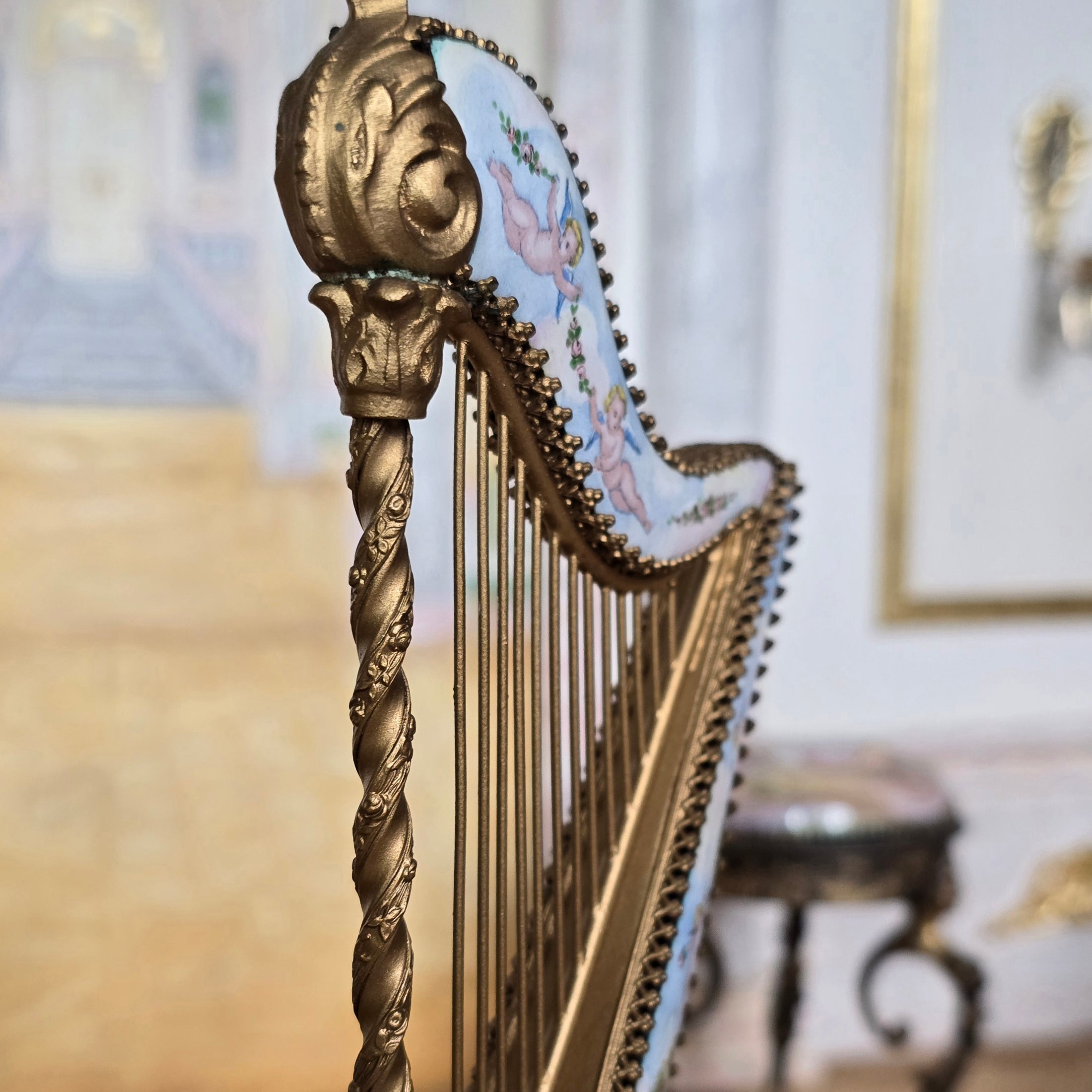 Antique Viennese Enamel & Gilt Bronze Miniature Harp Trinket Box, Austria