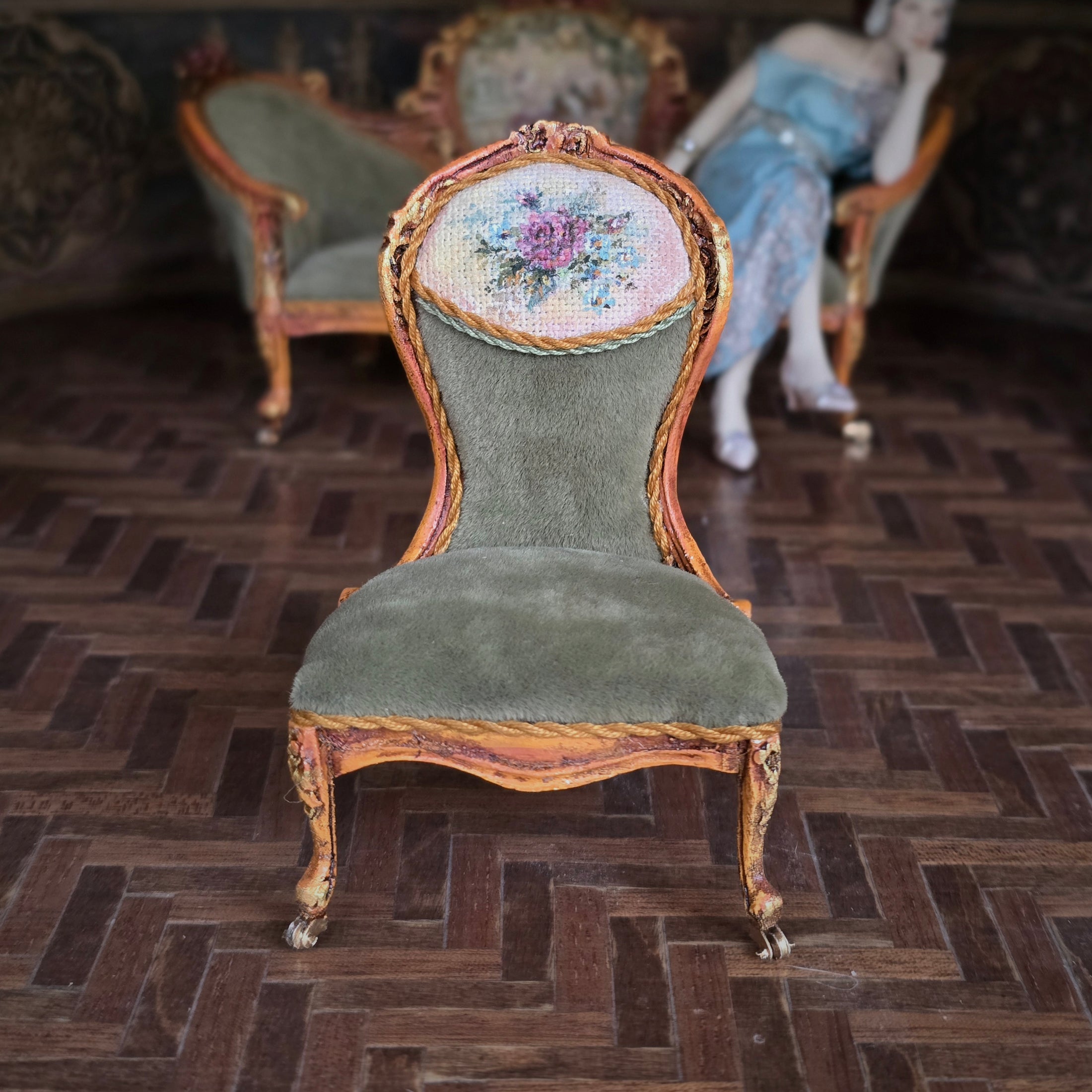 Jill Dianne OOAK Victorian Rococo Miniature Slipper Chair with Floral Medallion