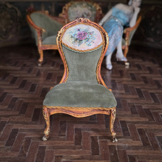 Jill Dianne OOAK Victorian Rococo Miniature Slipper Chair with Floral Medallion