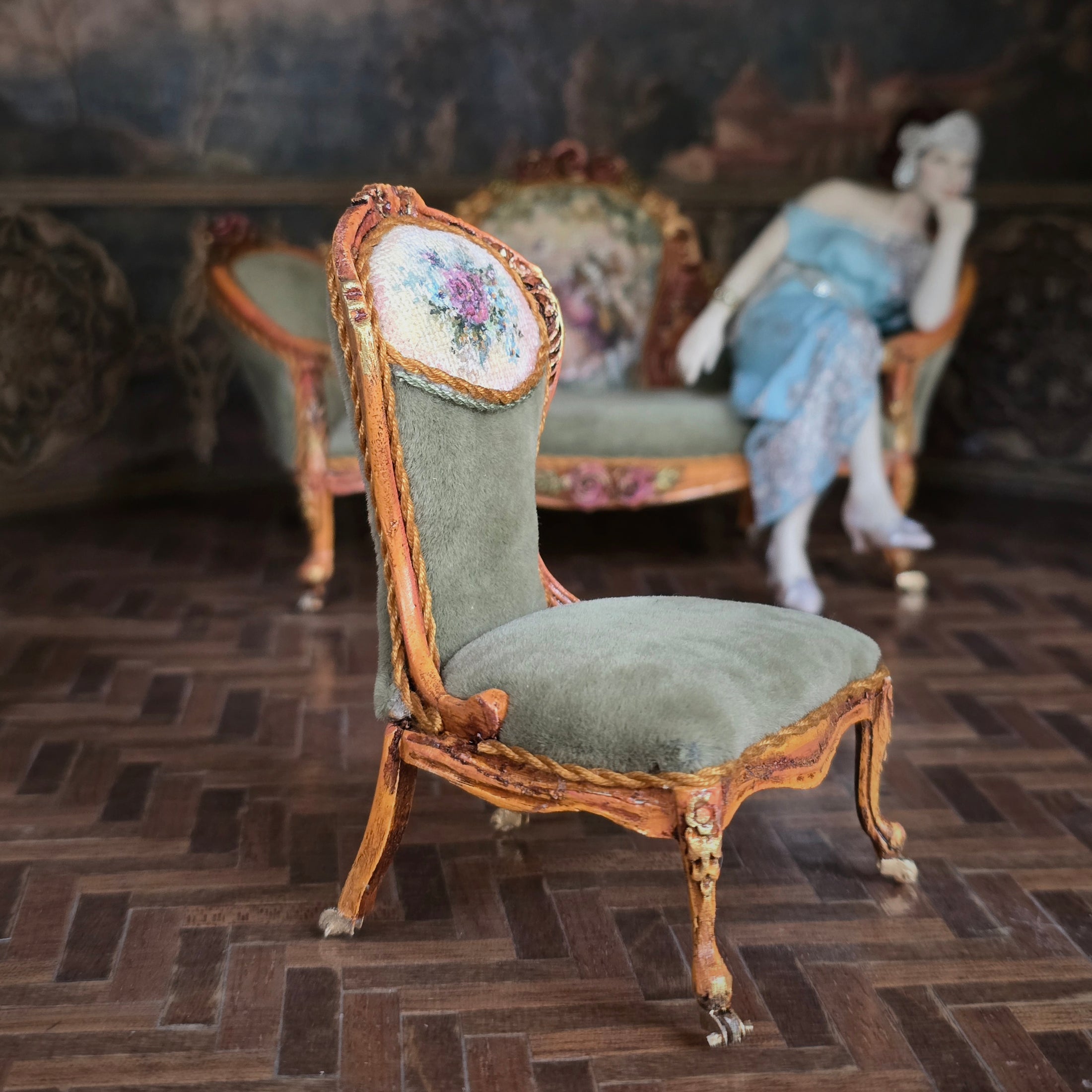 Jill Dianne OOAK Victorian Rococo Miniature Slipper Chair with Floral Medallion