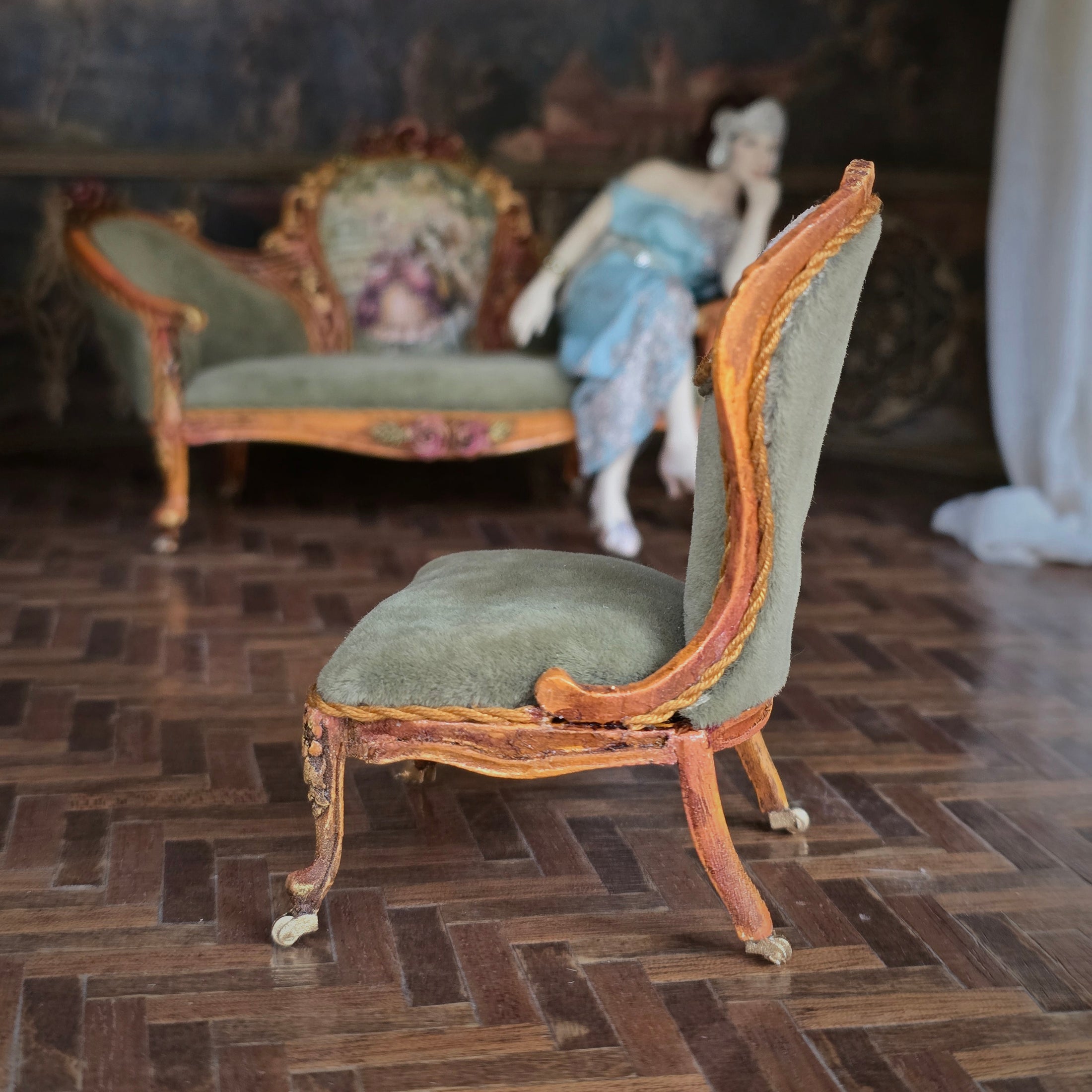 Jill Dianne OOAK Victorian Rococo Miniature Slipper Chair with Floral Medallion