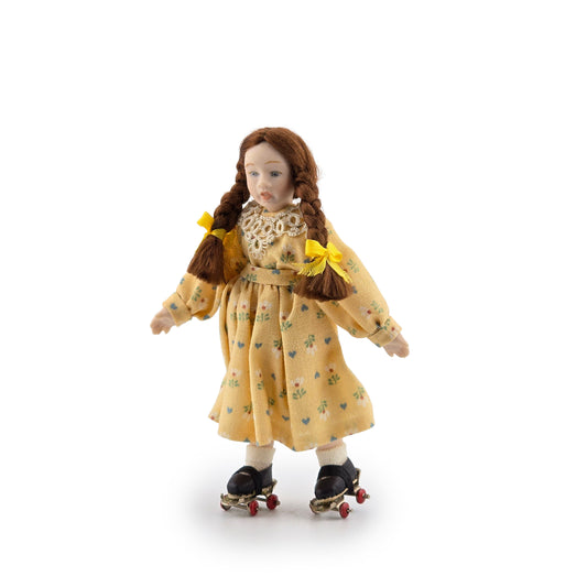 Porcelain Roller Skating Little Girl Dollhouse Doll with Leather Skates & Braids