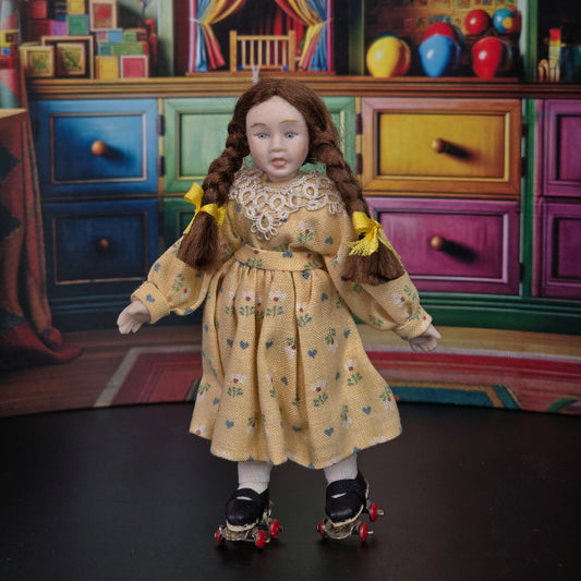 Porcelain Roller Skating Little Girl Dollhouse Doll with Leather Skates & Braids