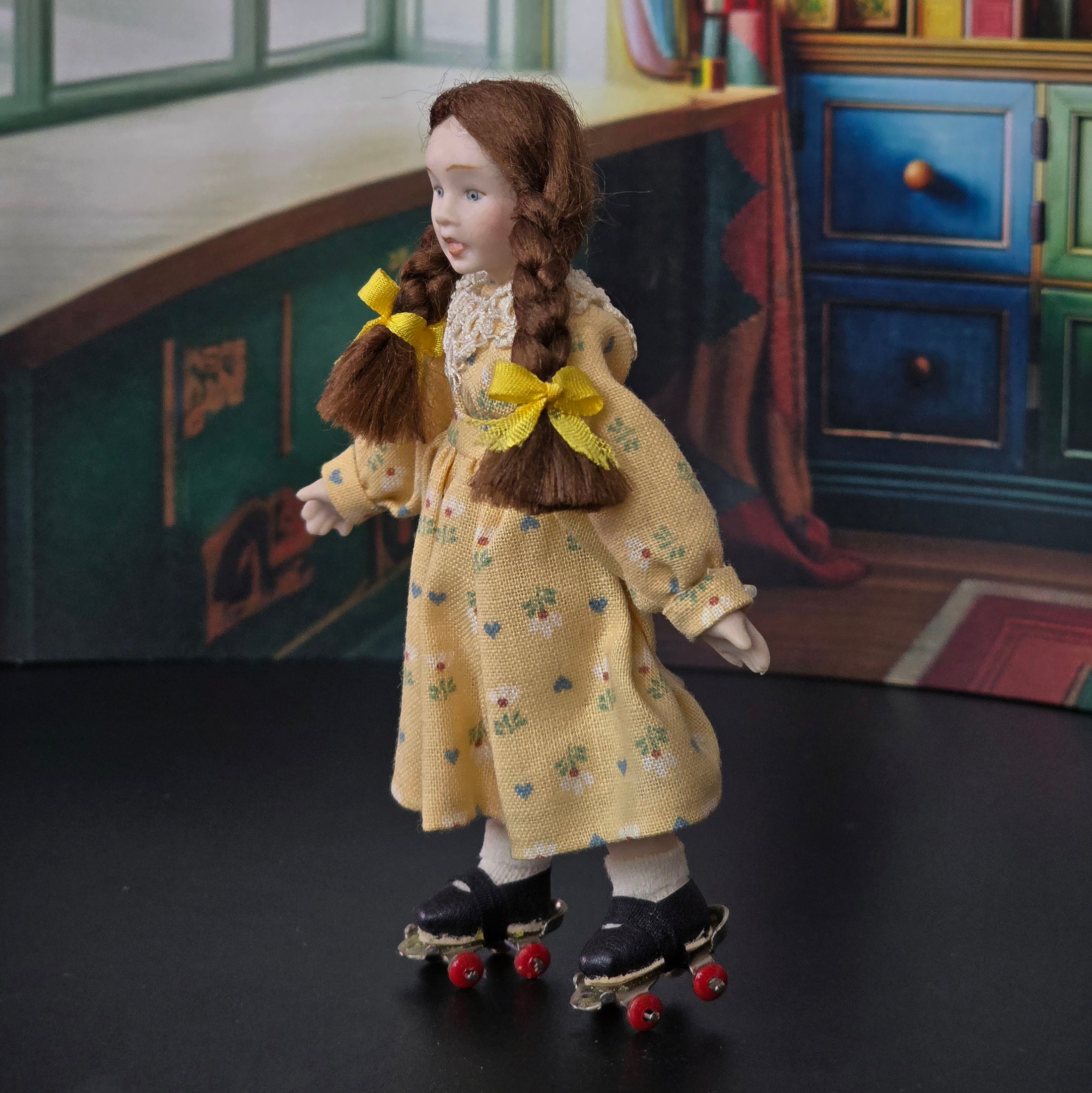 Porcelain Roller Skating Little Girl Dollhouse Doll with Leather Skates & Braids