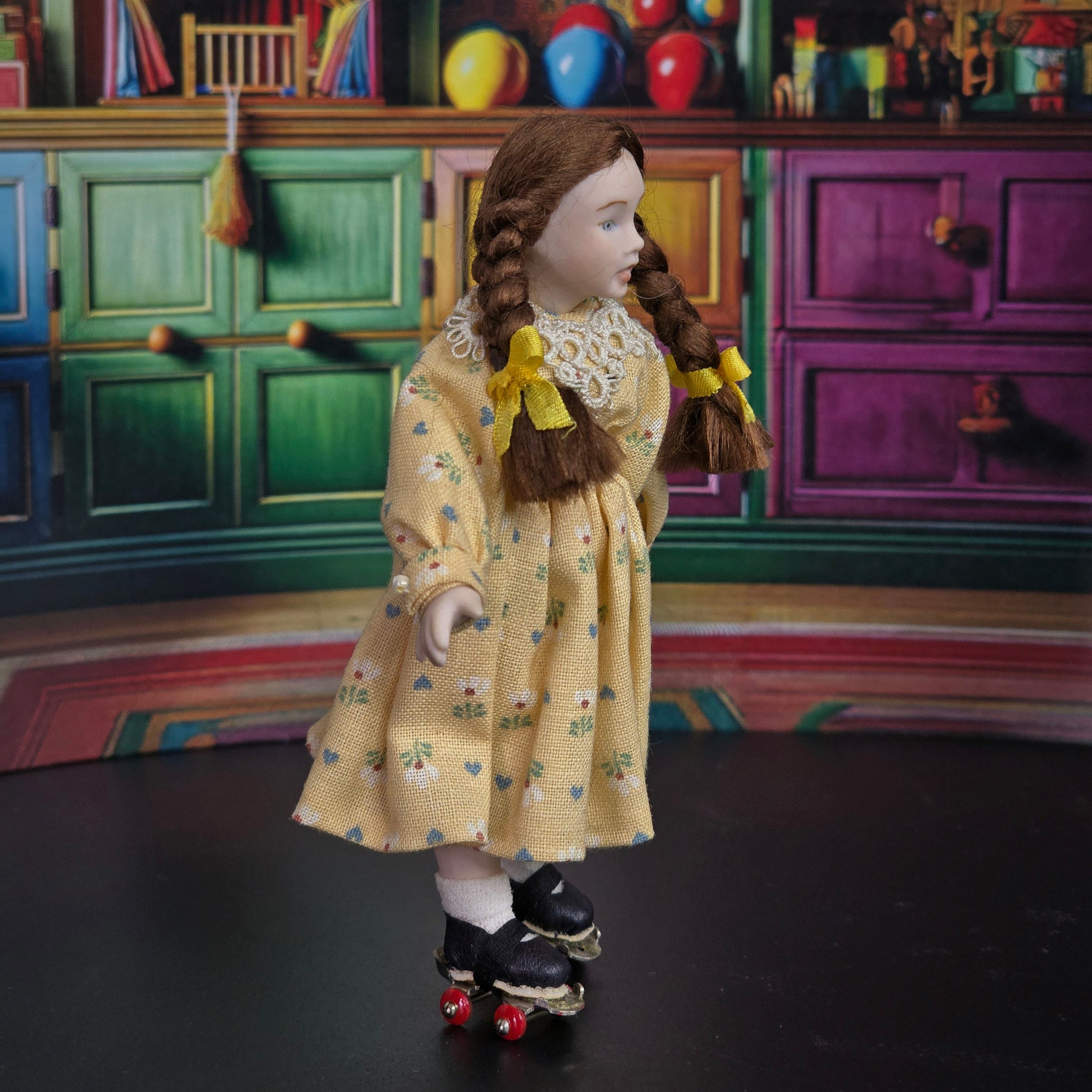 Porcelain Roller Skating Little Girl Dollhouse Doll with Leather Skates & Braids