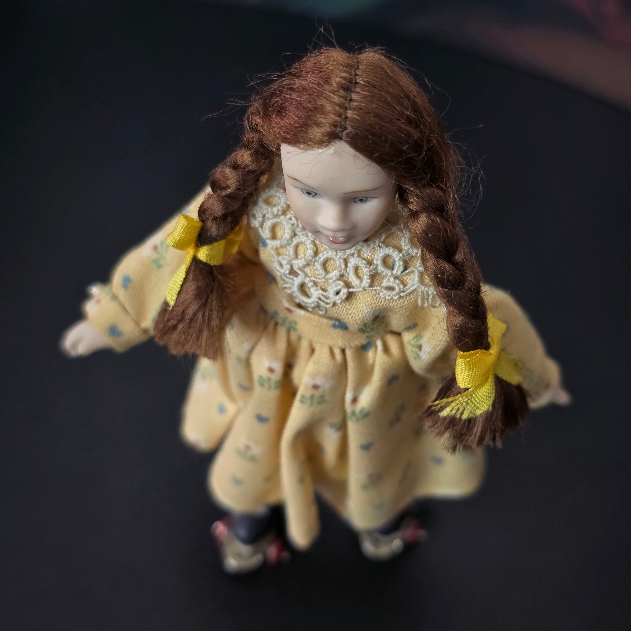 Porcelain Roller Skating Little Girl Dollhouse Doll with Leather Skates & Braids