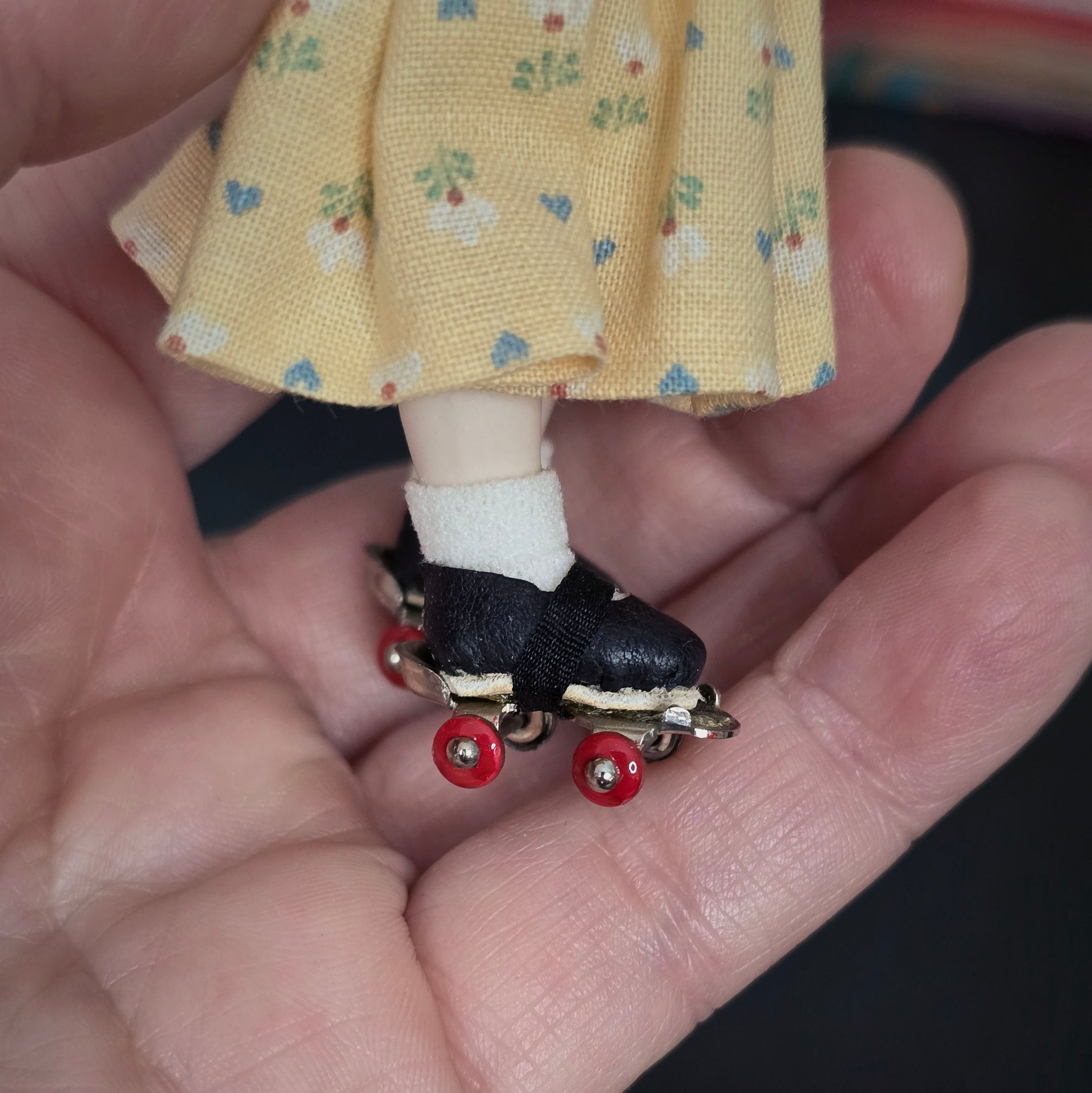 Porcelain Roller Skating Little Girl Dollhouse Doll with Leather Skates & Braids