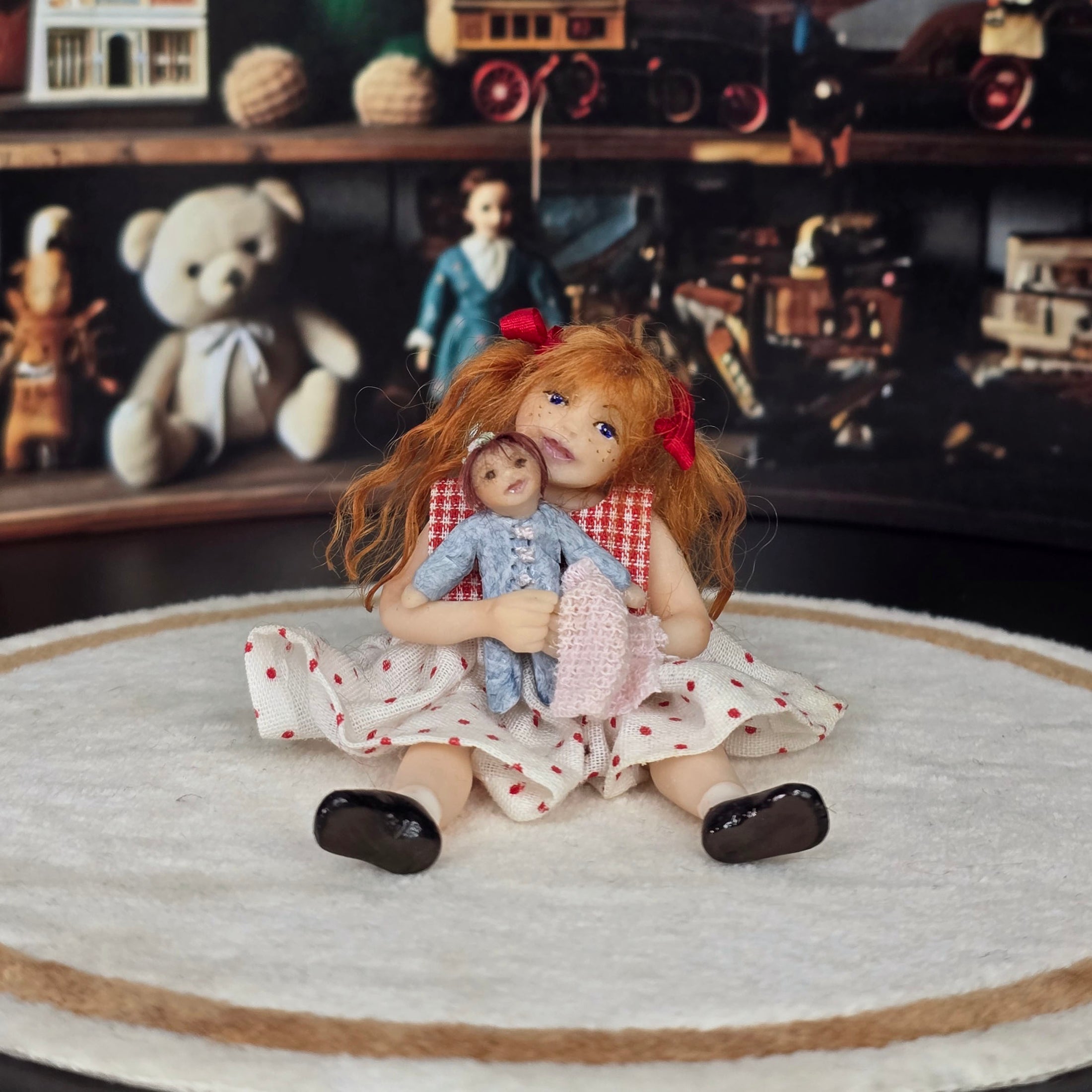 Bonnie Justice OOAK Seated Clay Girl Doll with her Toy Doll Signed 2005