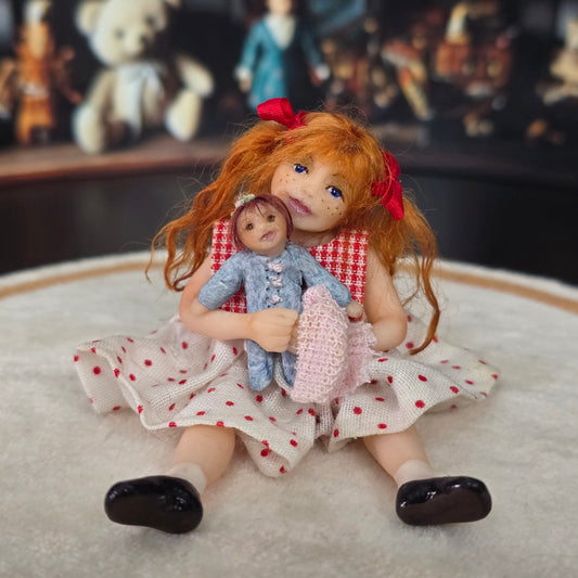 Bonnie Justice OOAK Seated Clay Girl Doll with her Toy Doll Signed 2005