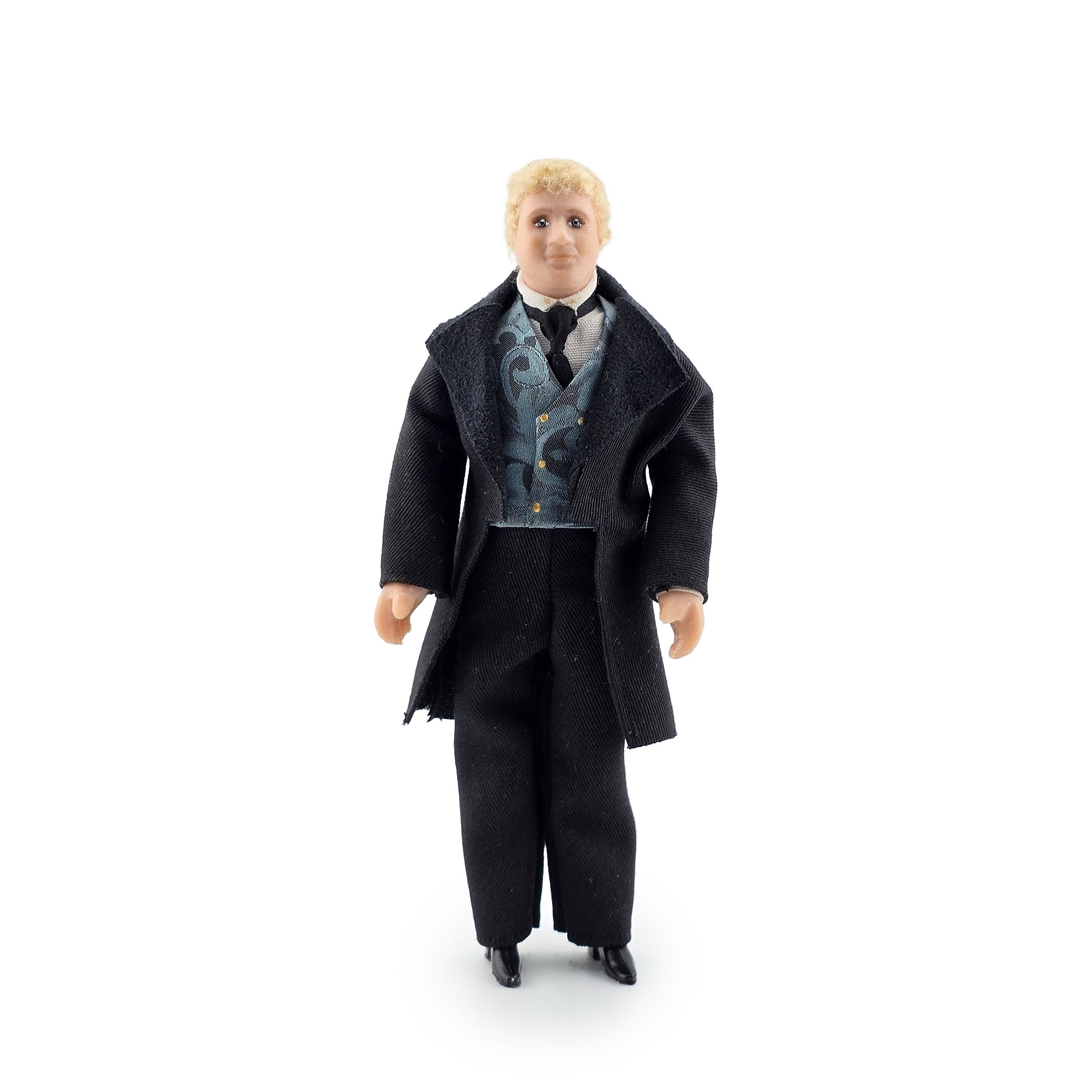 Vintage OOAK Porcelain Blonde Victorian Gentleman Man Doll in Black Wood Suit