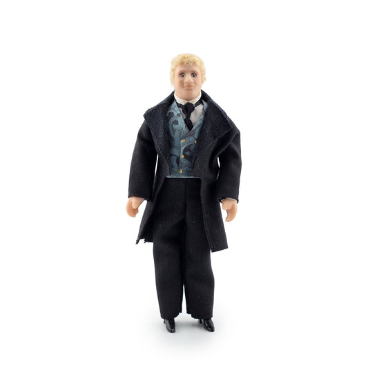 Vintage OOAK Porcelain Blonde Victorian Gentleman Man Doll in Black Wood Suit