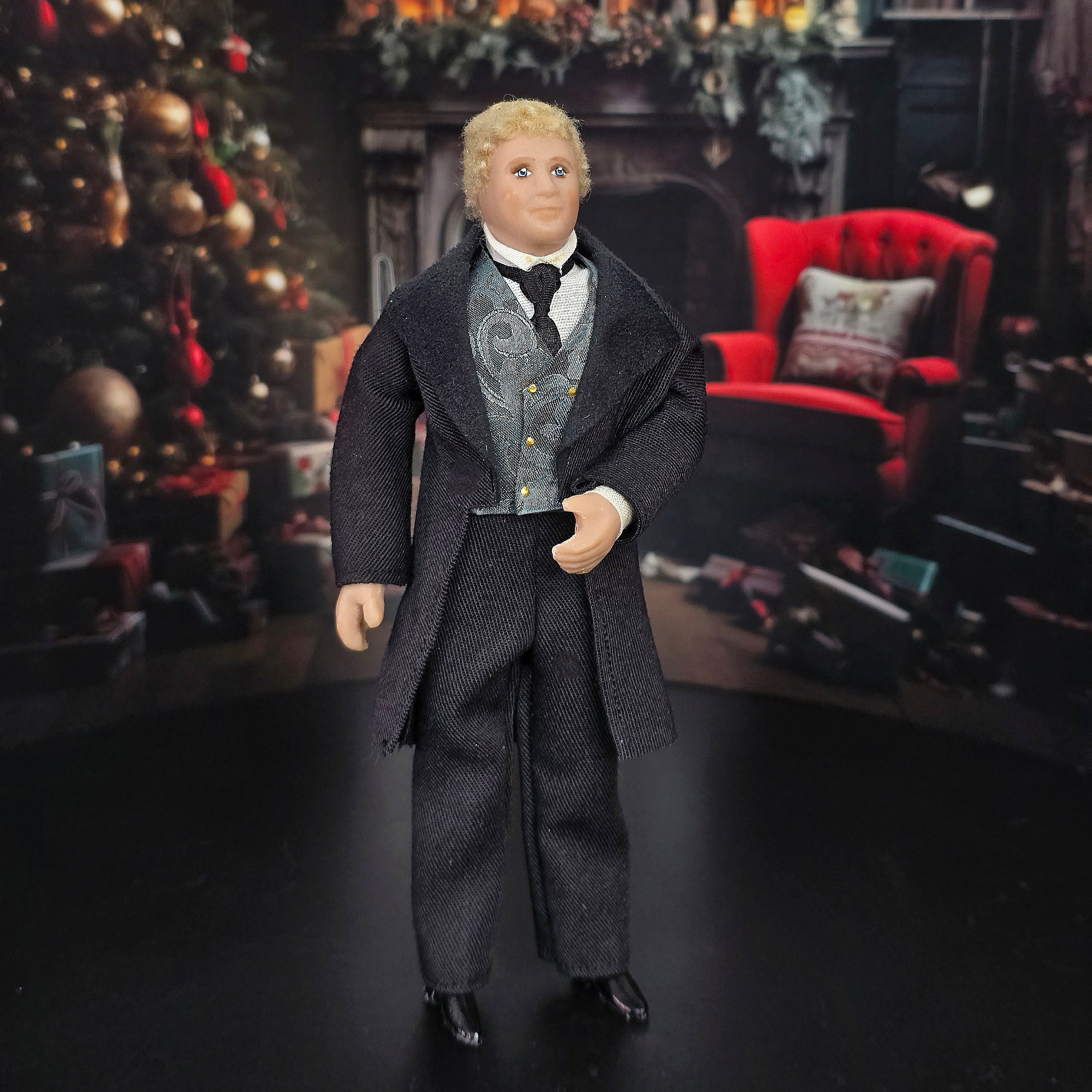 Vintage OOAK Porcelain Blonde Victorian Gentleman Man Doll in Black Wood Suit