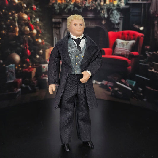 Vintage OOAK Porcelain Blonde Victorian Gentleman Man Doll in Black Wood Suit