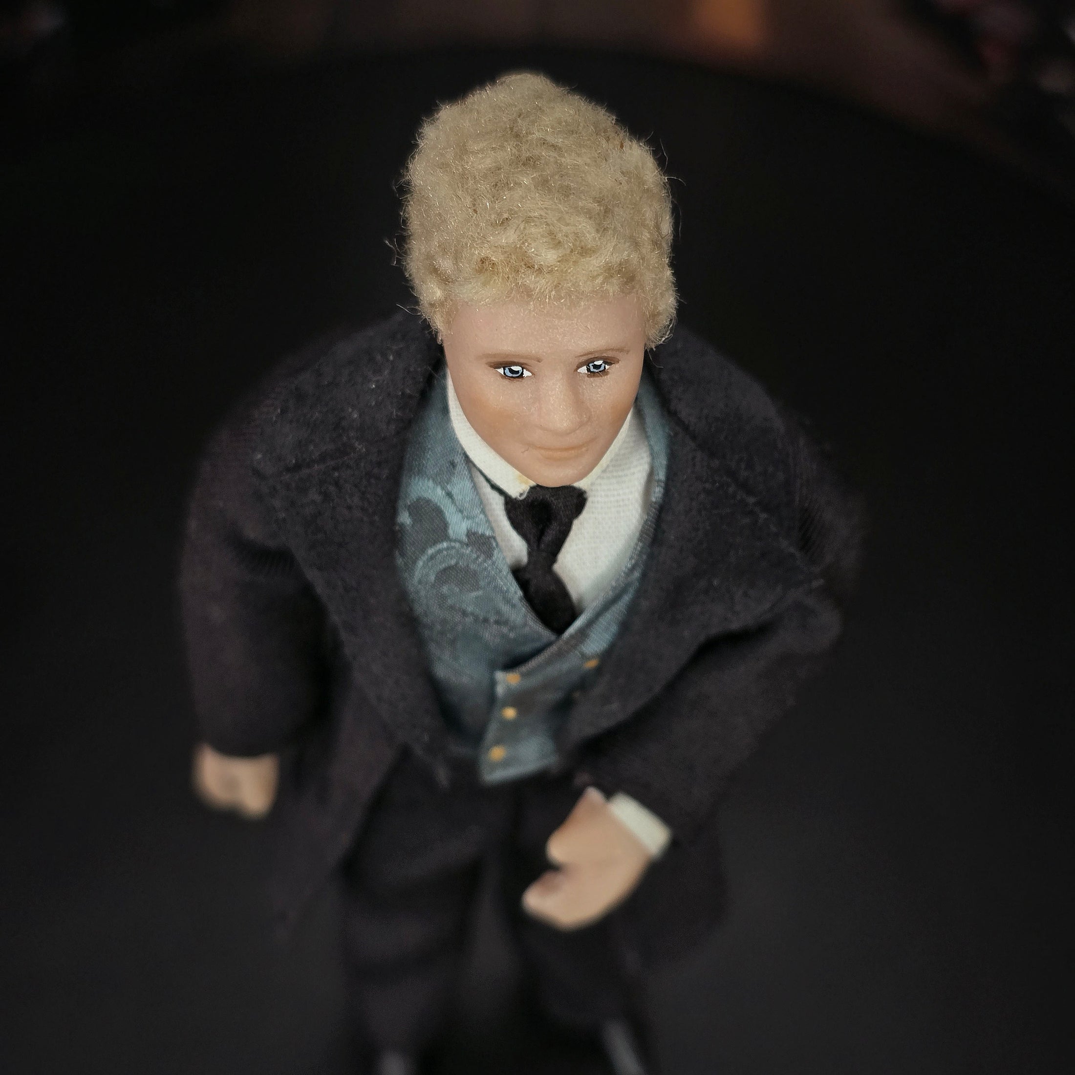 Vintage OOAK Porcelain Blonde Victorian Gentleman Man Doll in Black Wood Suit