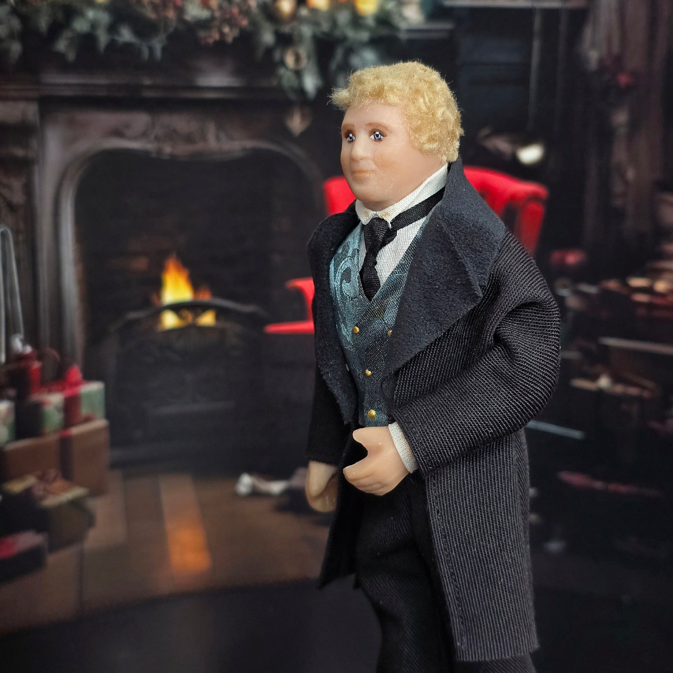 Vintage OOAK Porcelain Blonde Victorian Gentleman Man Doll in Black Wood Suit