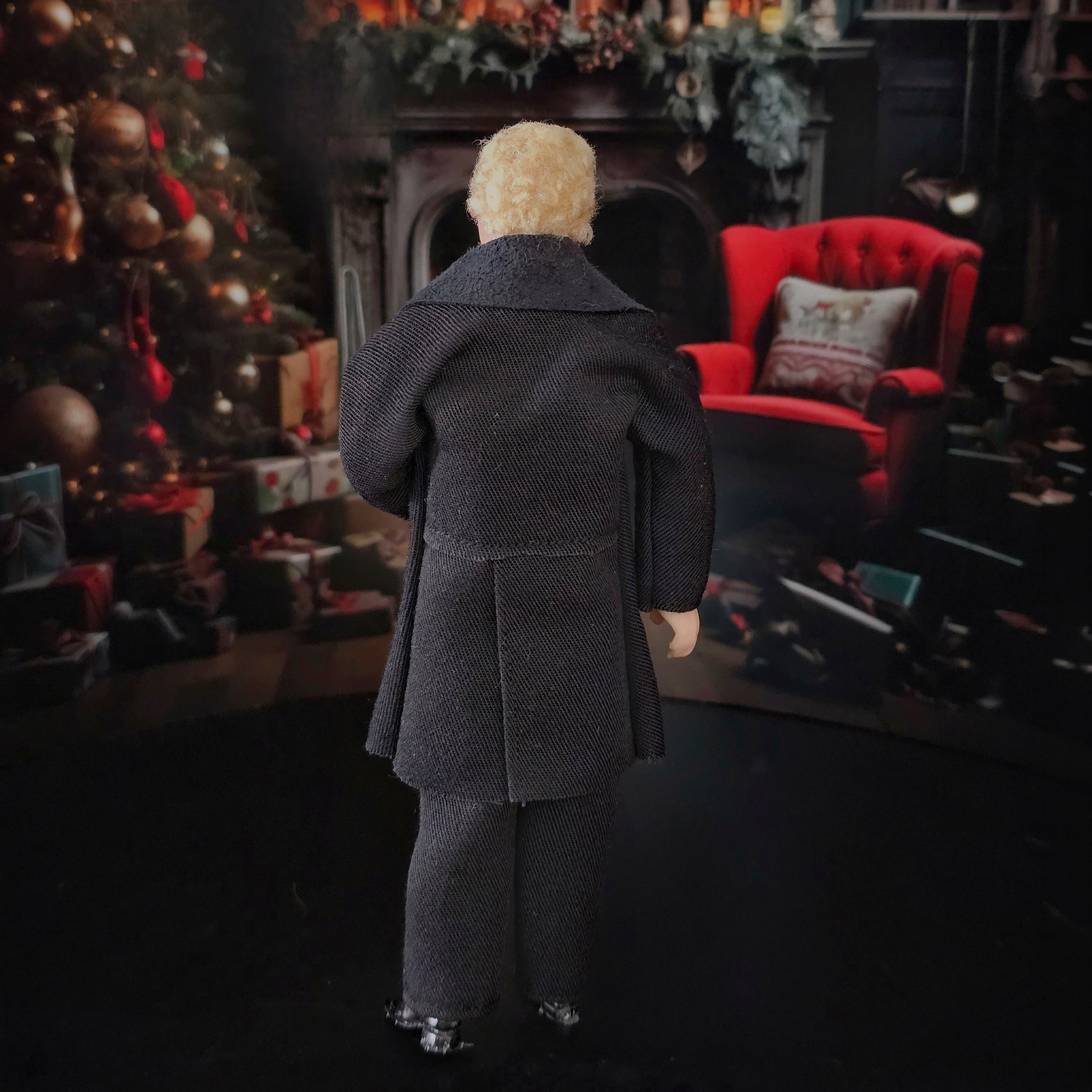 Vintage OOAK Porcelain Blonde Victorian Gentleman Man Doll in Black Wood Suit