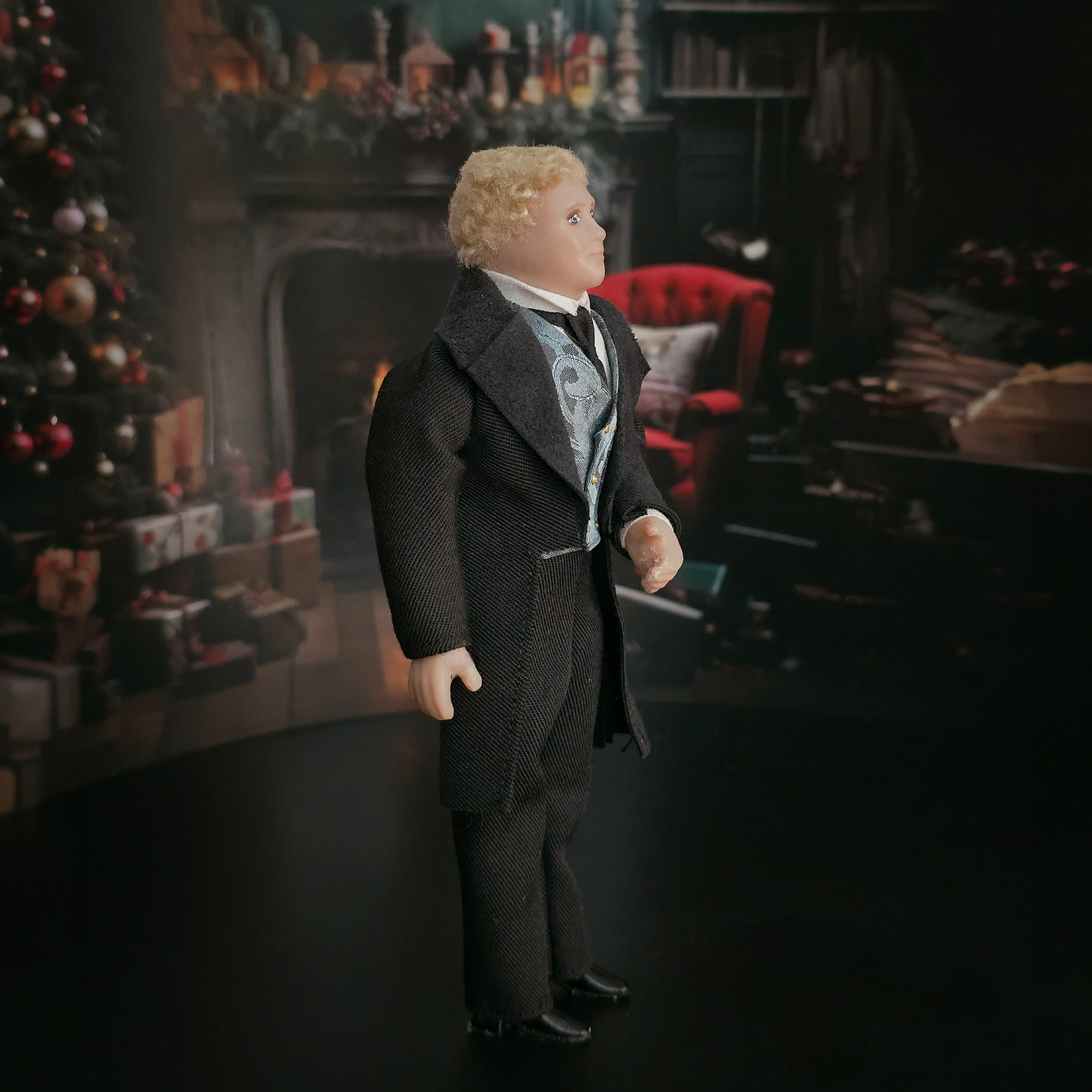 Vintage OOAK Porcelain Blonde Victorian Gentleman Man Doll in Black Wood Suit