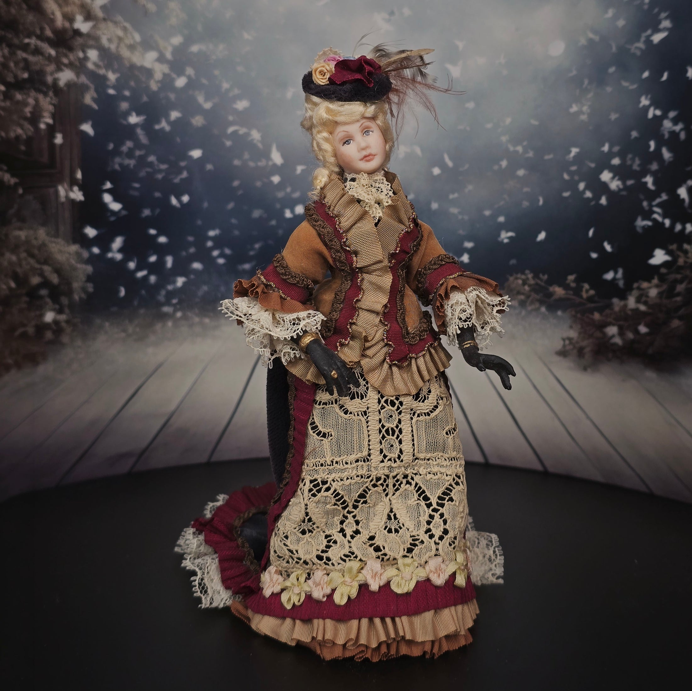 Artisan OOAK Victorian Lady Porcelain Doll in Couture Gown of Antique Silk & Lace