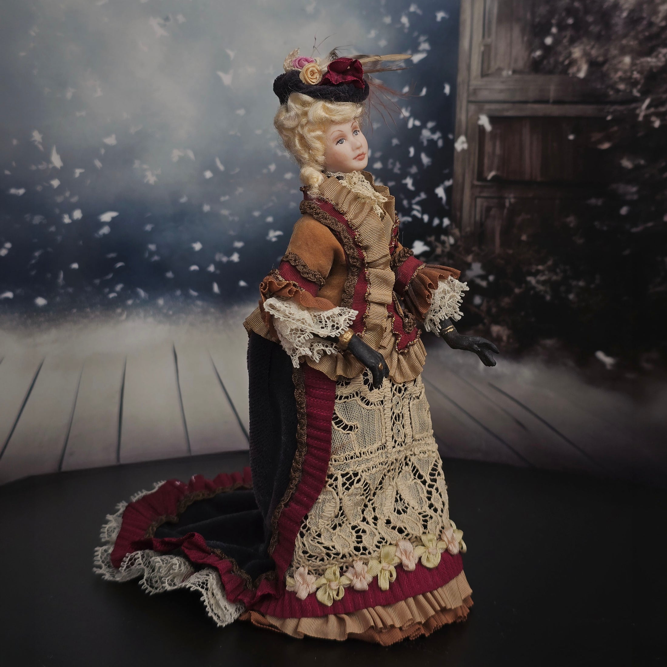 Artisan OOAK Victorian Lady Porcelain Doll in Couture Gown of Antique Silk & Lace